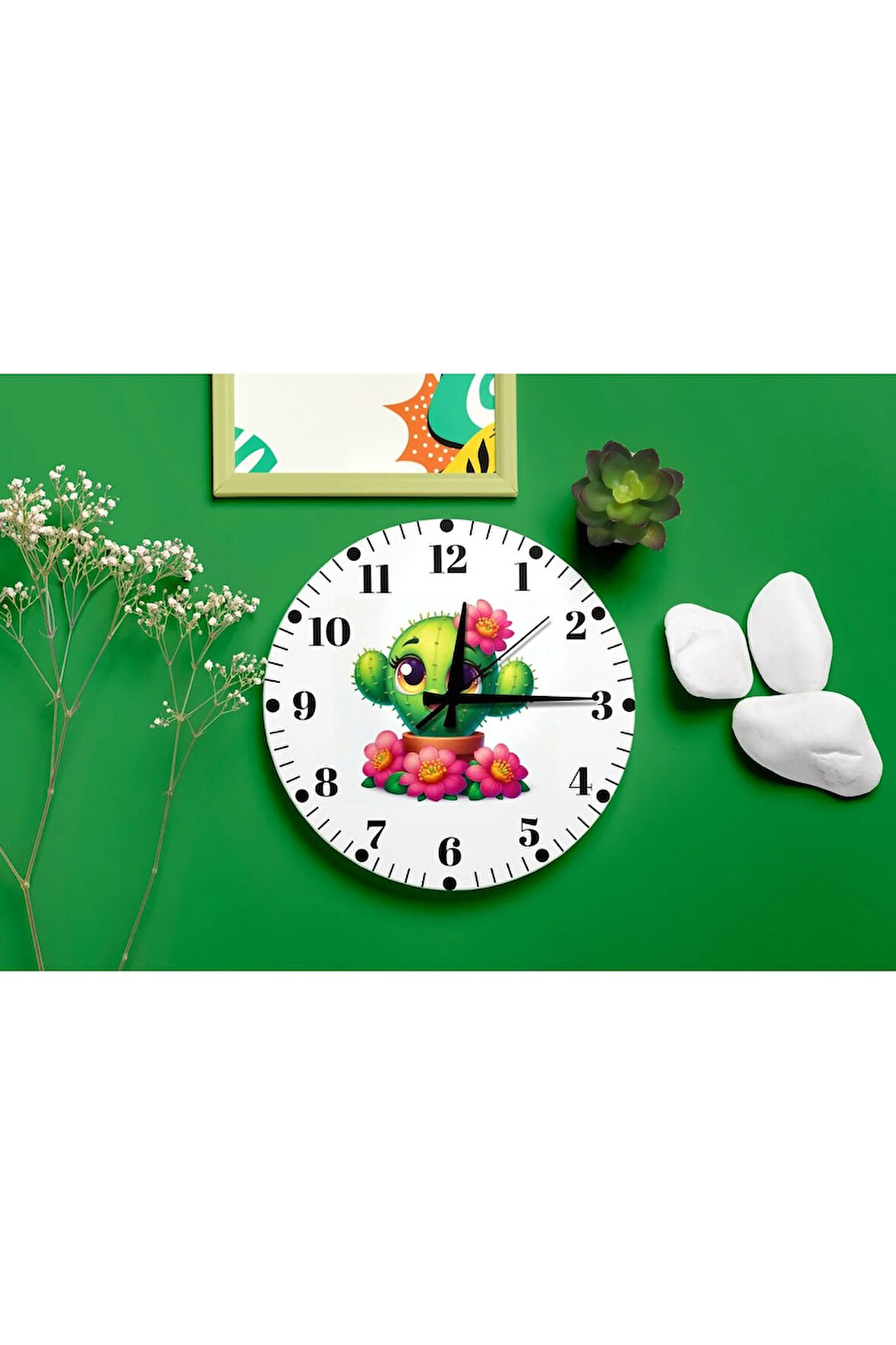 Kaktüs Desenli Duvar Saati – Çocuk Odası Dekoratif Sessiz Mekanizma 40 cm
