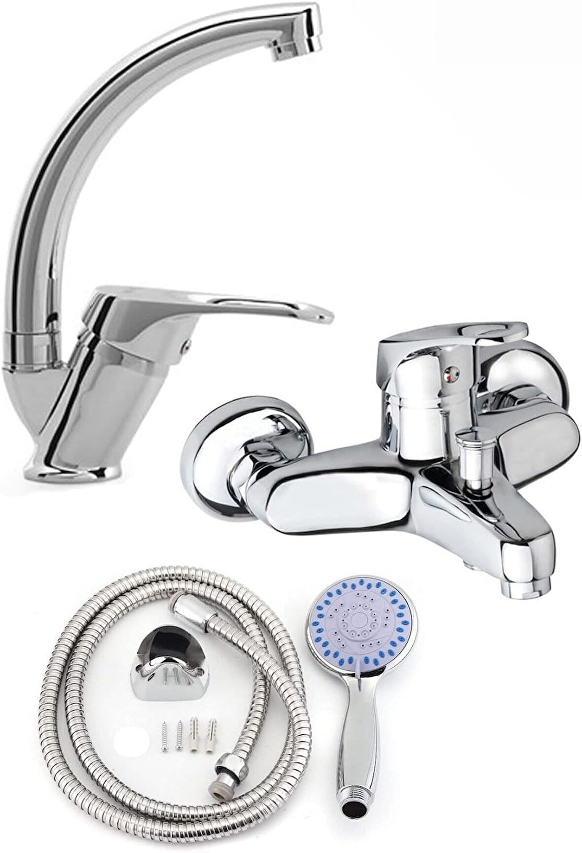 SRDC Krom Batarya Seti Lavabo ve Banyo Musluğu Üçlü Takım