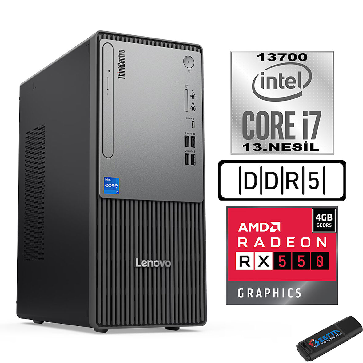 Lenovo Thinkcentre Neo 50T Gen5 Intel Core I7 13700 24GB Ddr5 2tb SSD Windows 11 Pro Radeon RX550 55012UB000LTRW09+ZETTA Flash Bellek