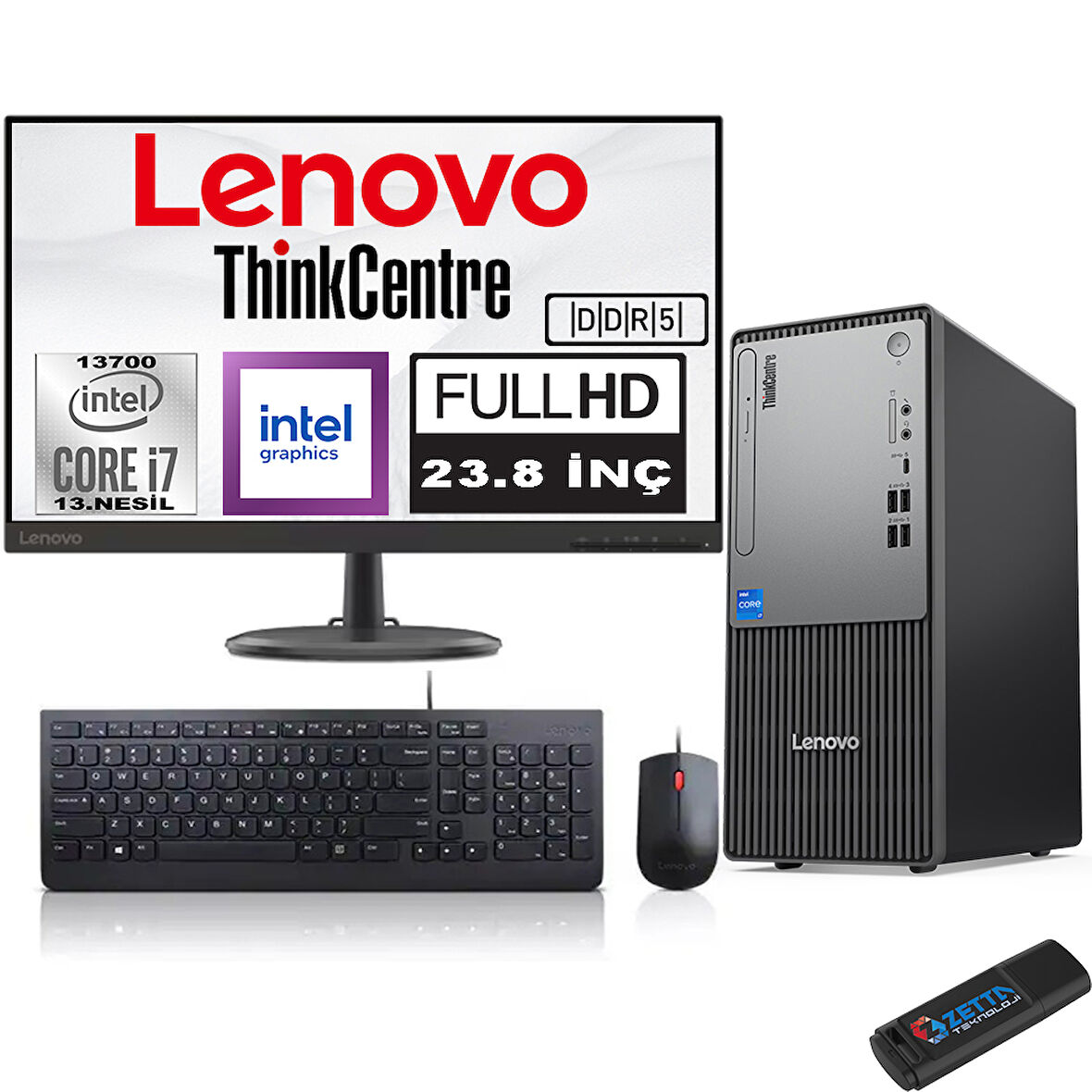 Lenovo Thinkcentre Neo 50T Gen5 Intel Core I7 13700 24GB Ddr5 1tb SSD 23.8 Inç Monitör Windows 11 Pro Intel UHD 770 2412UB000LTRW08+ZETTA Flash Bellek