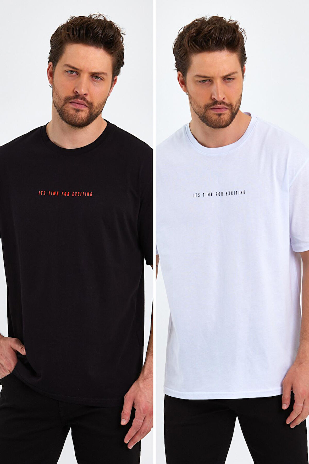 Erkek Baskılı Basic Oversize Bisiklet Yaka 2'Li Pamuklu T-shirt