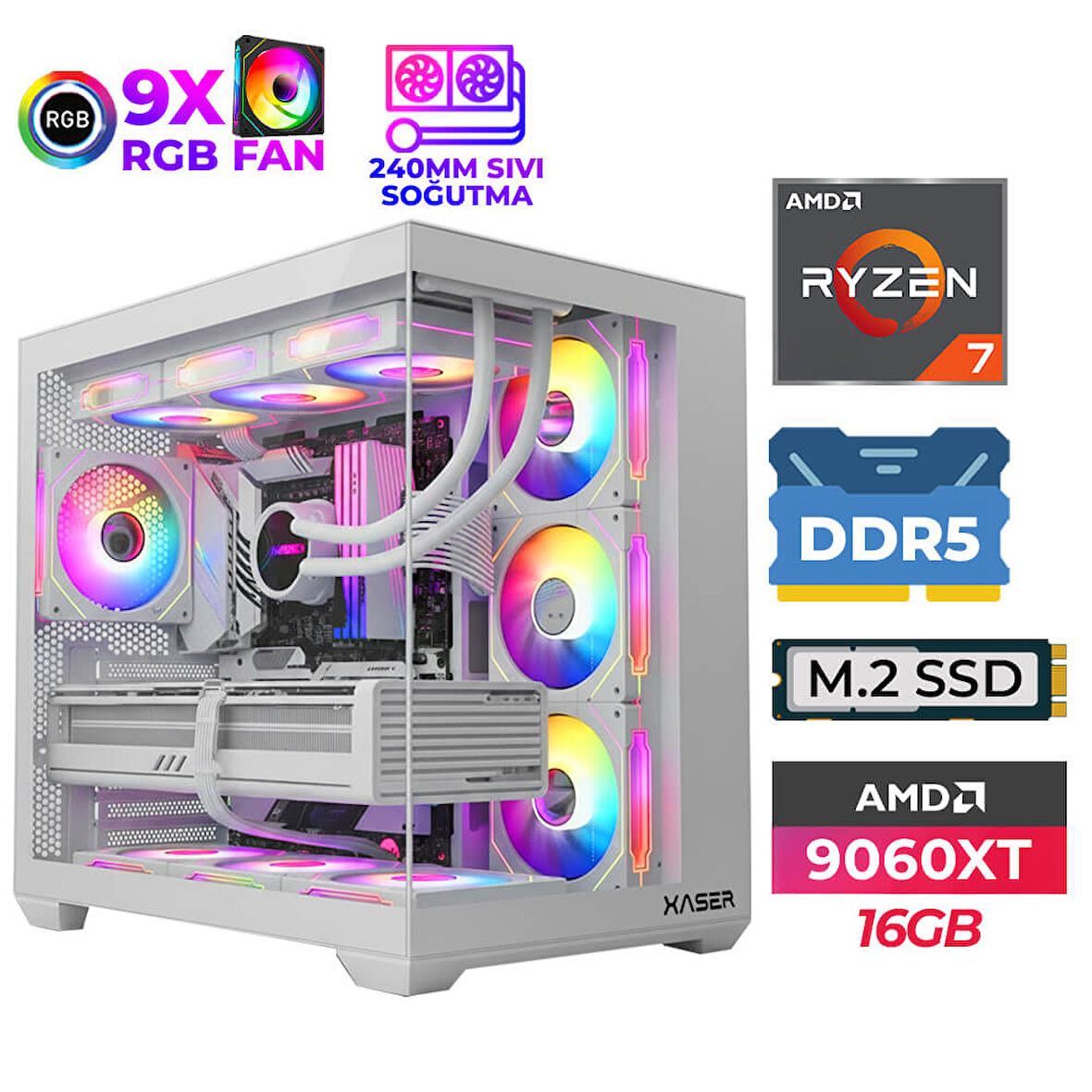 Xaser SovaX70 Ryzen 7 7800X3D 32GB DDR5 Ram 1TB M.2 NVMe SSD 16GB RX9060 XT Sıvı Soğutmalı Masaüstü Oyuncu Bilgisayarı