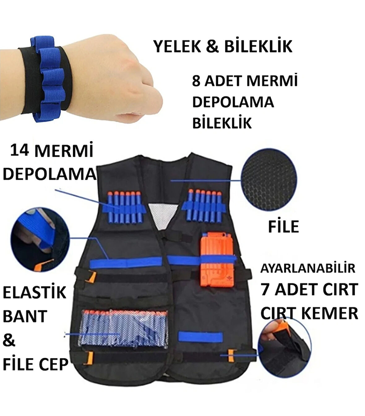 NERF OYUNCAK MERMİ  UYUMLU YELEK  + MERMİ DEPOLAMA BİLEKLİK