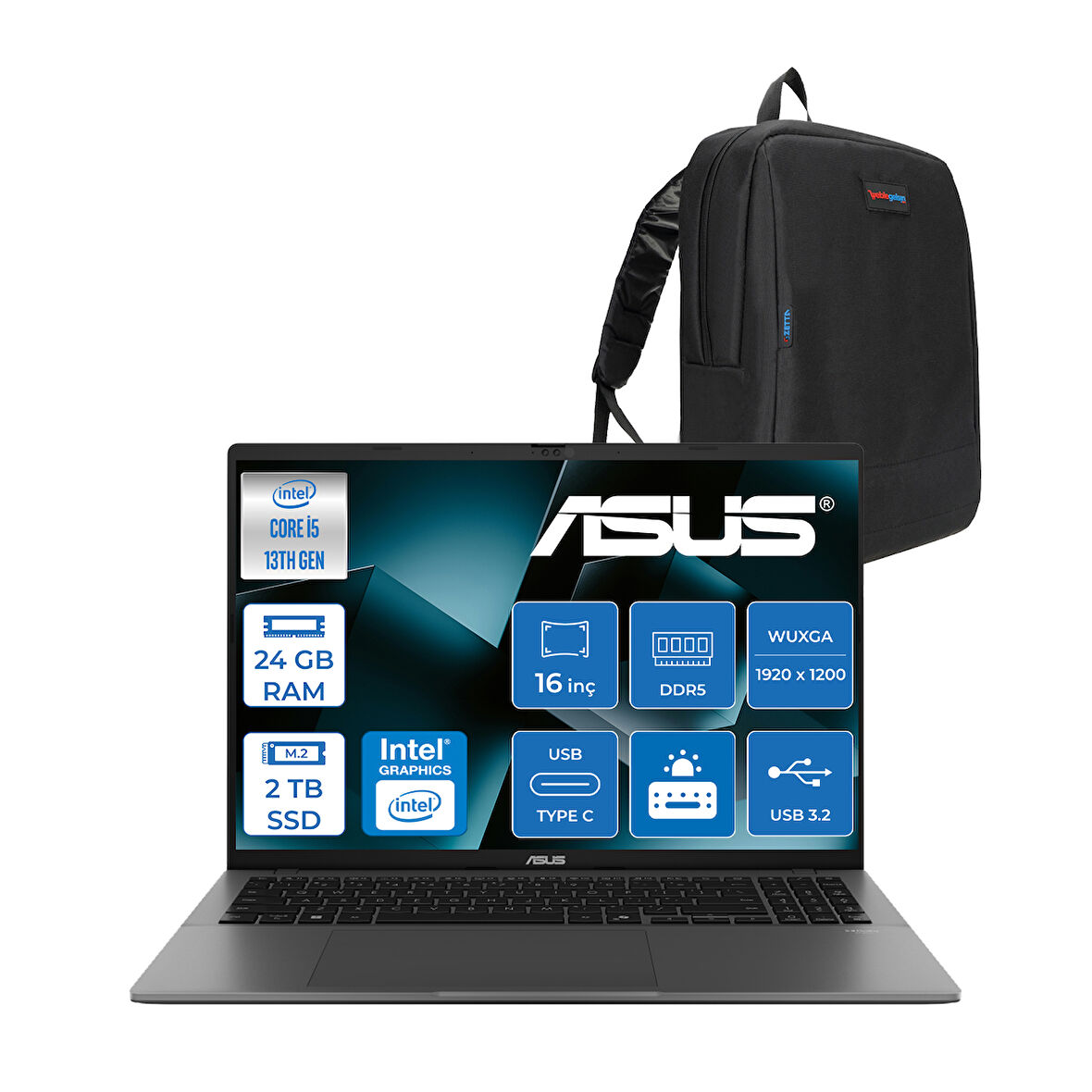 Asus Vivobook S16 S3607VA Intel Core I5 13420H Ddr5 24GB 2tb SSD Freedos 16" 300NITS Wuxga IPS 144HZ Taşınabilir Bilgisayar RP076F07 + Zetta Çanta