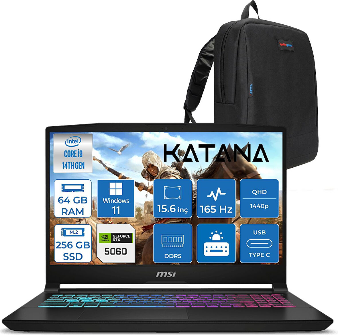 Msı Katana 15 Hx Intel Core I9 14900HX 64GB Ddr5 256GB SSD Windows 11 Home RTX5060 8gb 115W 15.6" 2k QHD(2560X1440) 165Hz Taşınabilir Bilgisayar B14WFK450XTRH36 + Zetta Çanta