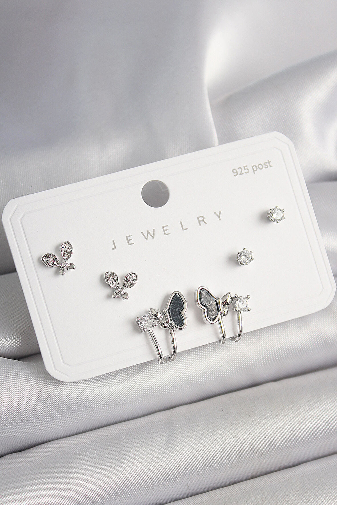 925 Ayar Gümüş Çivi Pirinç Gümüş Renk Zirkon Taşlı Kelebek Model Kadın Küpe Seti