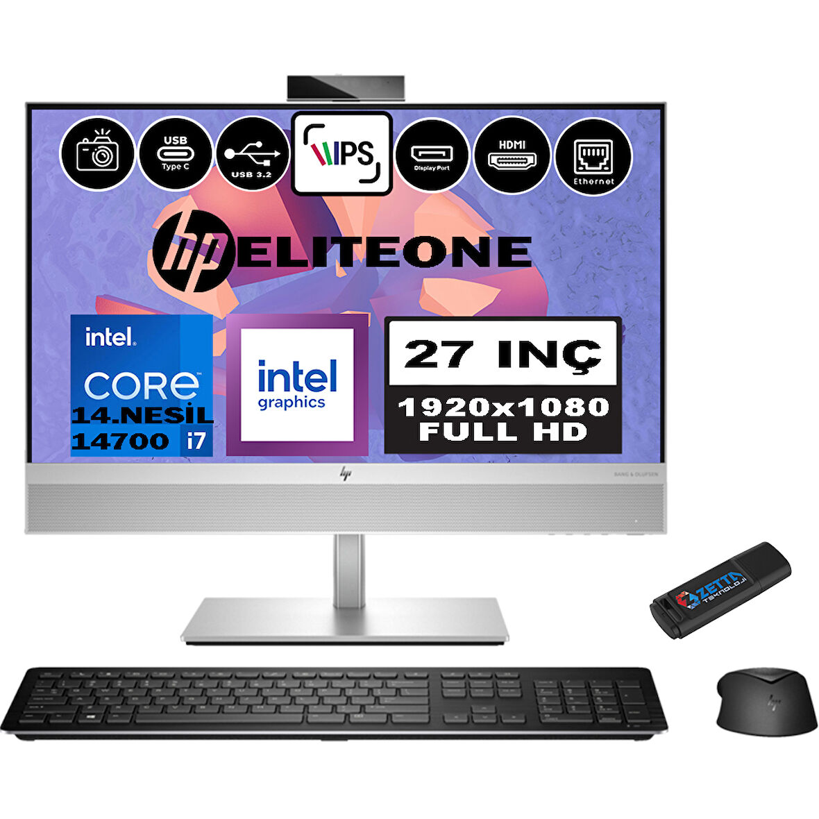 Hp Eliteone 870 G9 14.nesil Intel® Core I7 14700 32GB Ddr5 1tb SSD Fhd 27" IPS WINDOWS11PRO All In One Bilgisayar 99A69ETW08+ZETTAUSBBELLEK