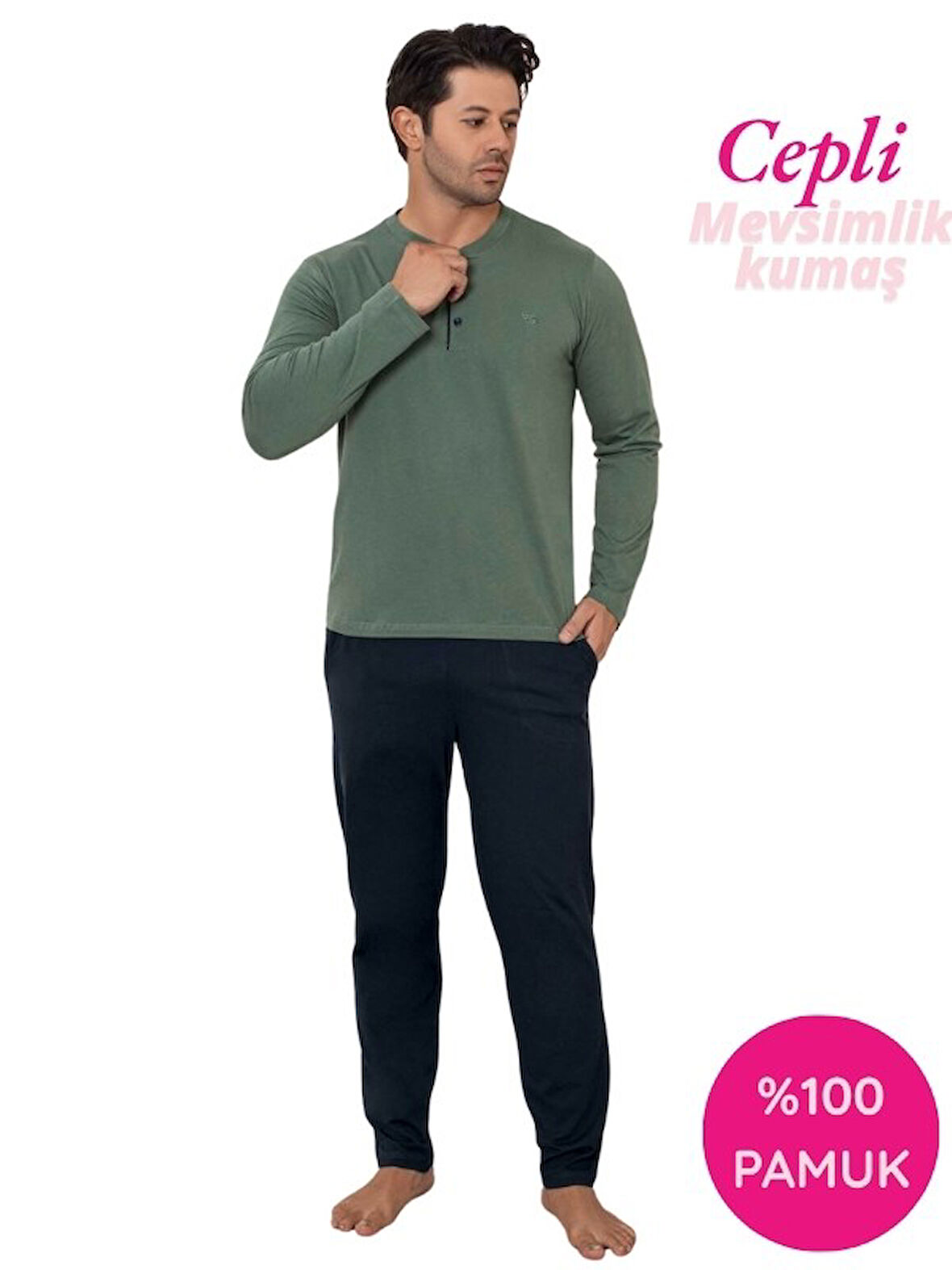 Erkek 3 Düğmeli %100 Pamuk Mevsimlik Uzun Kol Cepli Pijama Takımı