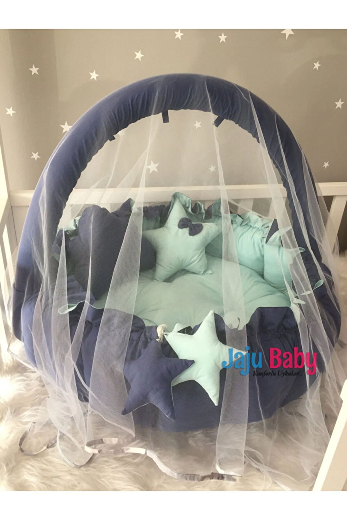 Nest Lacivert - Mint Lüx Oyun Minderi Jaju-babynest Cibinlik Tül Oyuncak Aparat Set