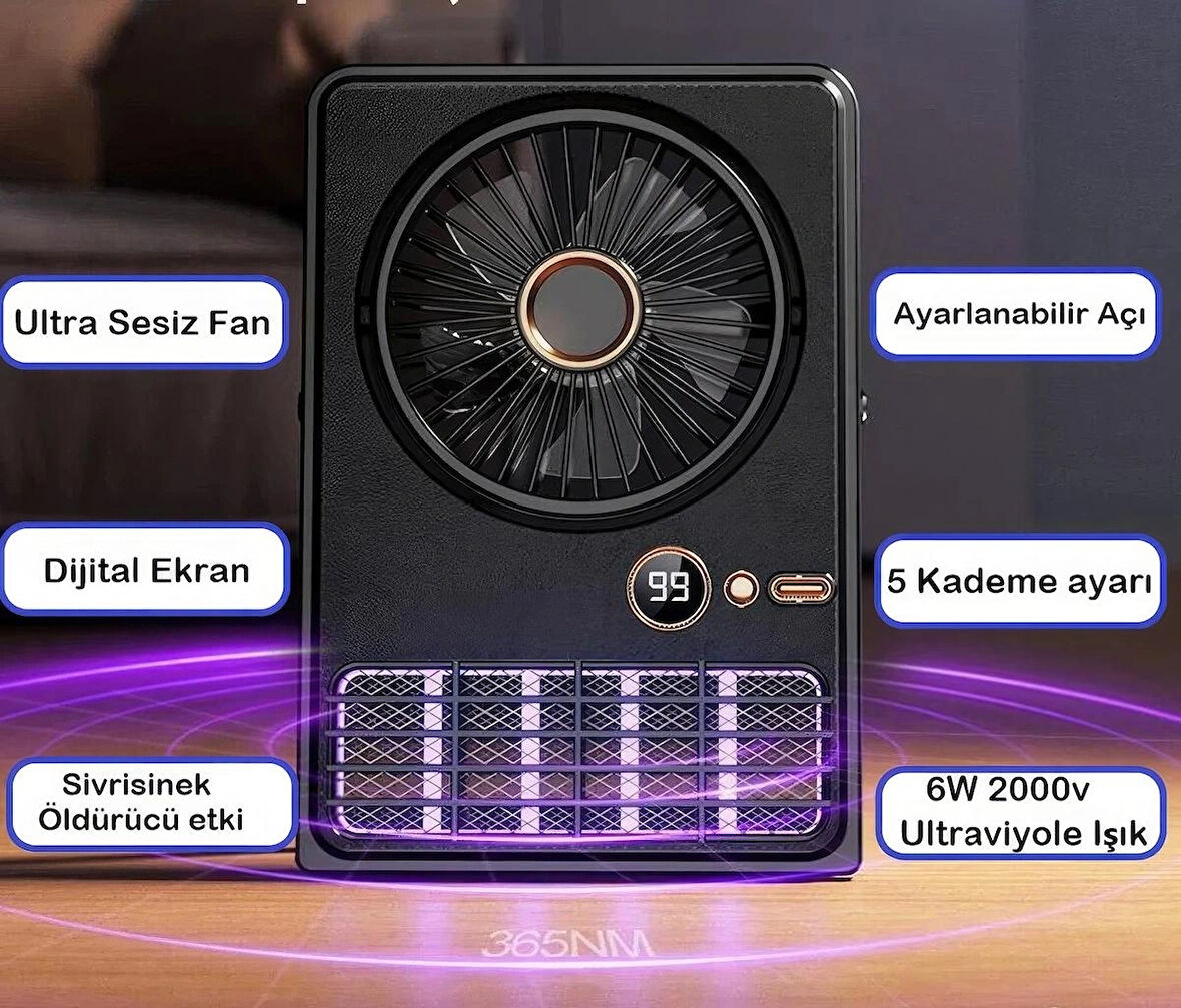 Ultra Sessiz Fan 5 Kademeli Şarjlı / Uv ışıklı Sinek Öldürücü Özellikli Masaüstü Vantilatör/ Pervane