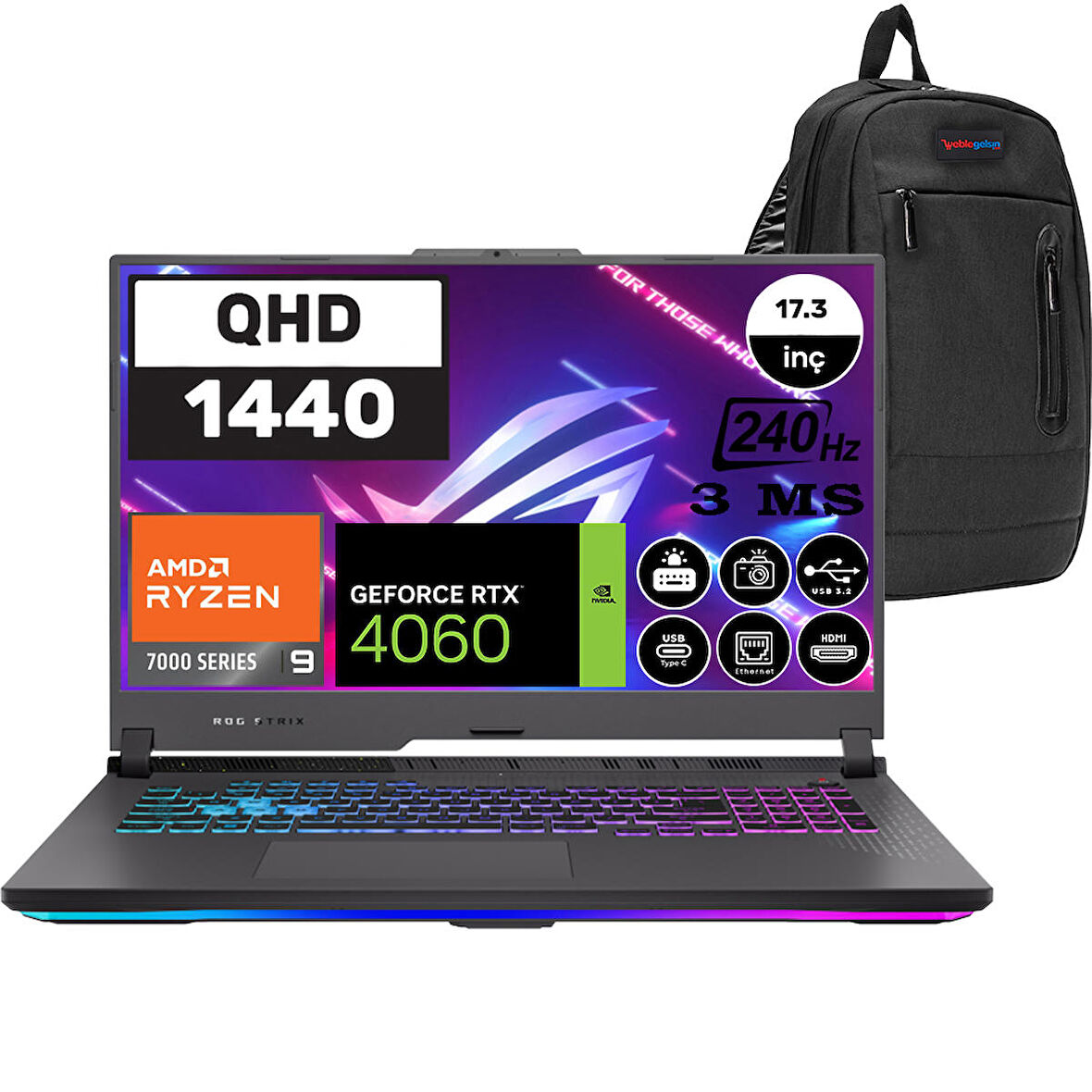 ASUS ROG Strix G17 AMD Ryzen 9 7845HX 32GB 1TB SSD 8GB-RTX4060 140W 17.3 inç WQHD 240Hz 3MS Freedos Taşınabilir Bilgisayar G713PV-LL091-F03 +WeblegelsinÇanta