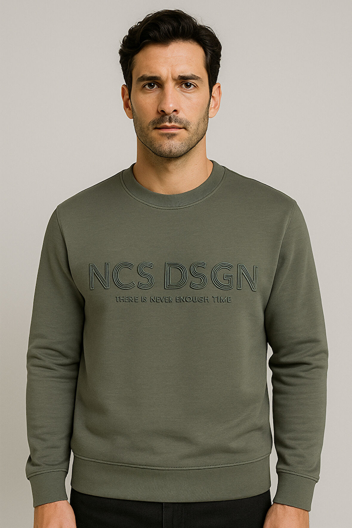 Erkek Sweatshirt Bisiklet Yaka Haki 1664