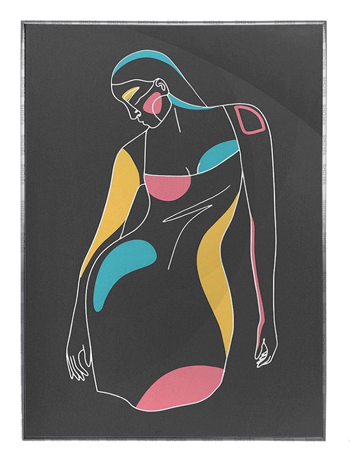 Shop365 Kadın Çizim Renkli Siyah Modern Tablo Çerçeveli P-000586