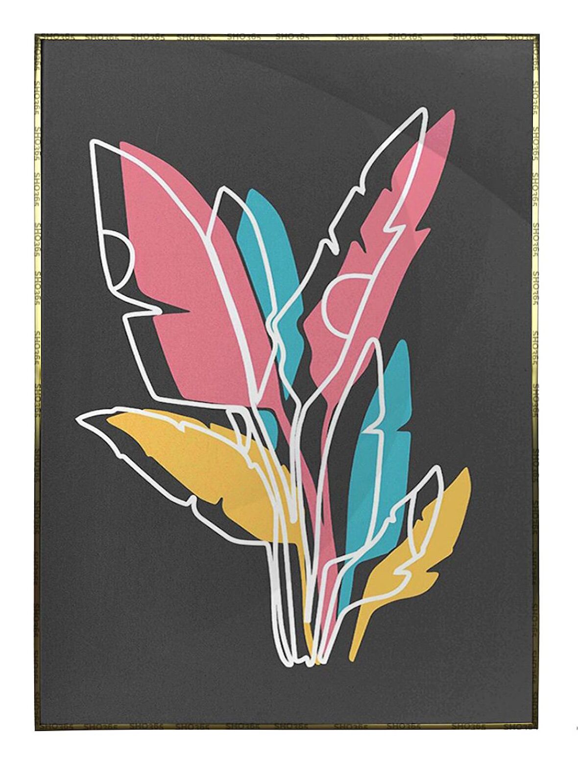 Shop365 Yapraklar ve Şekiller Renkli Modern İllüstrasyon Tablo Çerçeveli P-000600