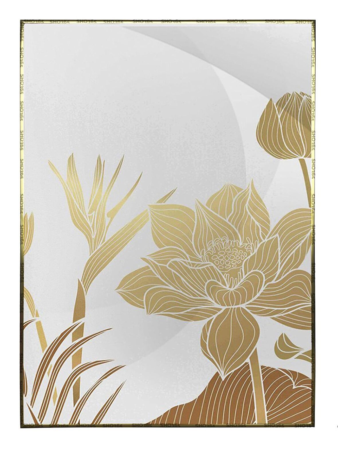 Shop365 Lotus Çiçekler ve Yaprakları Altın Gold Renkler Modern Tablo Çerçeveli P-000809