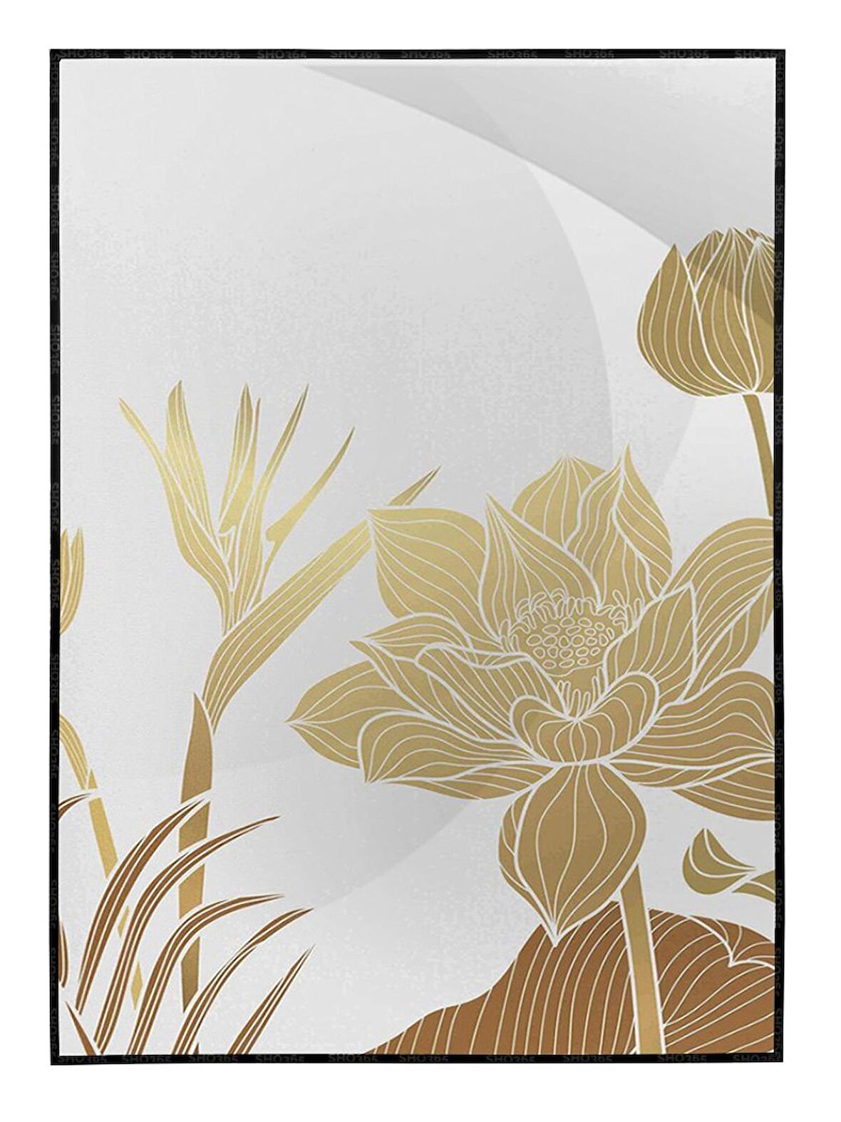 Shop365 Lotus Çiçekler ve Yaprakları Altın Gold Renkler Modern Tablo Çerçeveli P-000809