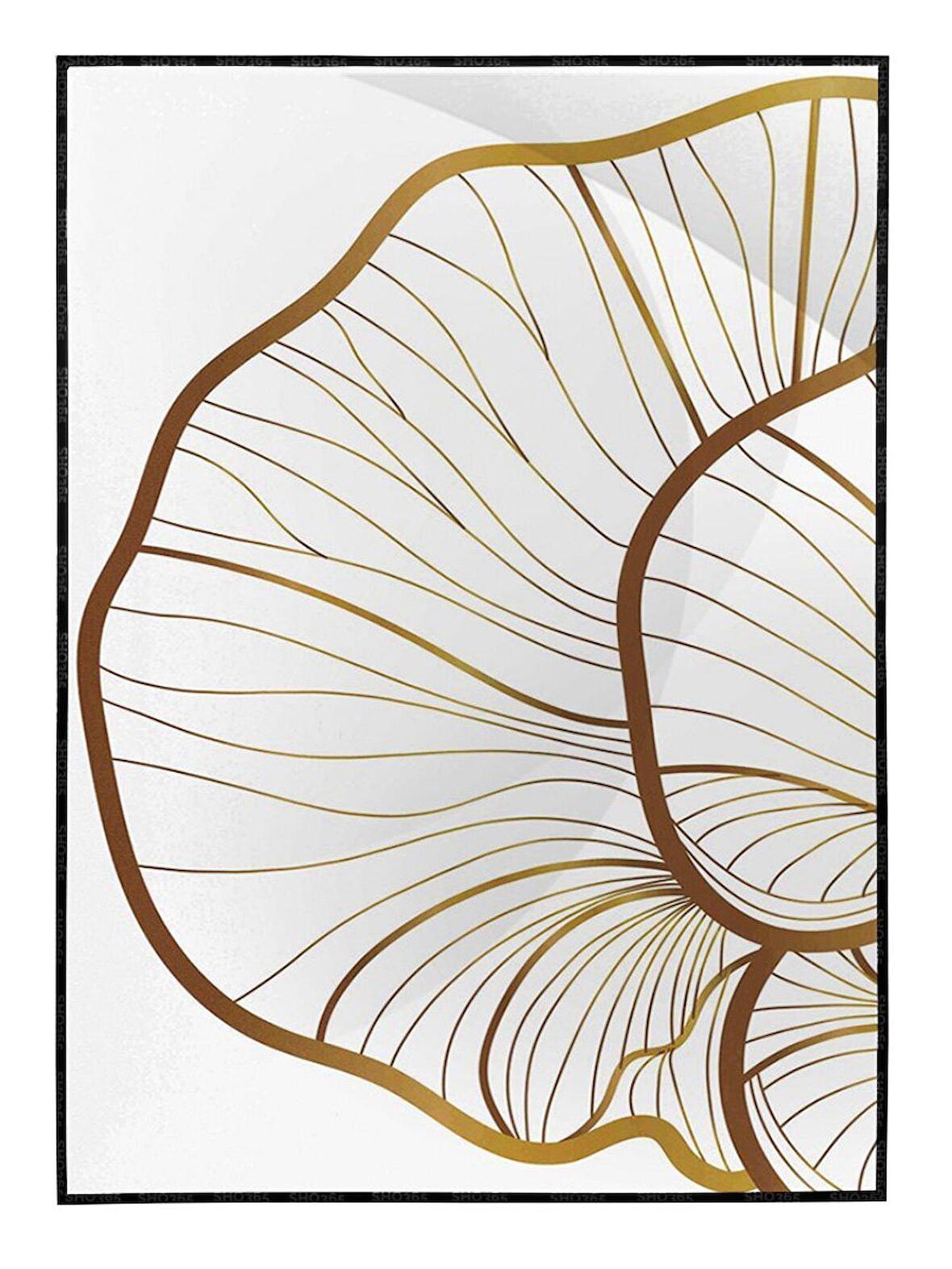 Shop365 Lotus Çiçeği ve Yaprakları Çizim Altın Gold Renkler Modern Tablo Çerçeveli P-000829