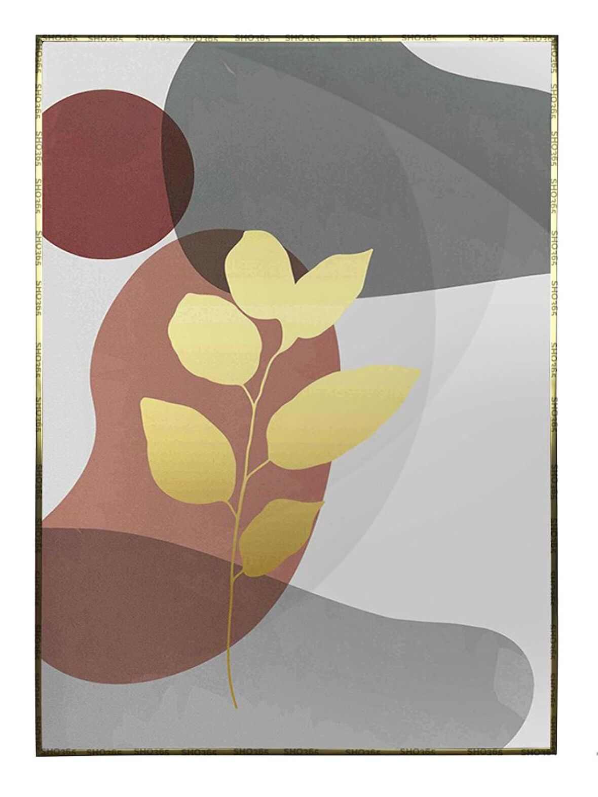 Shop365 Altın Gold Yapraklar ve Şekiller Modern Tablo Çerçeveli P-001599