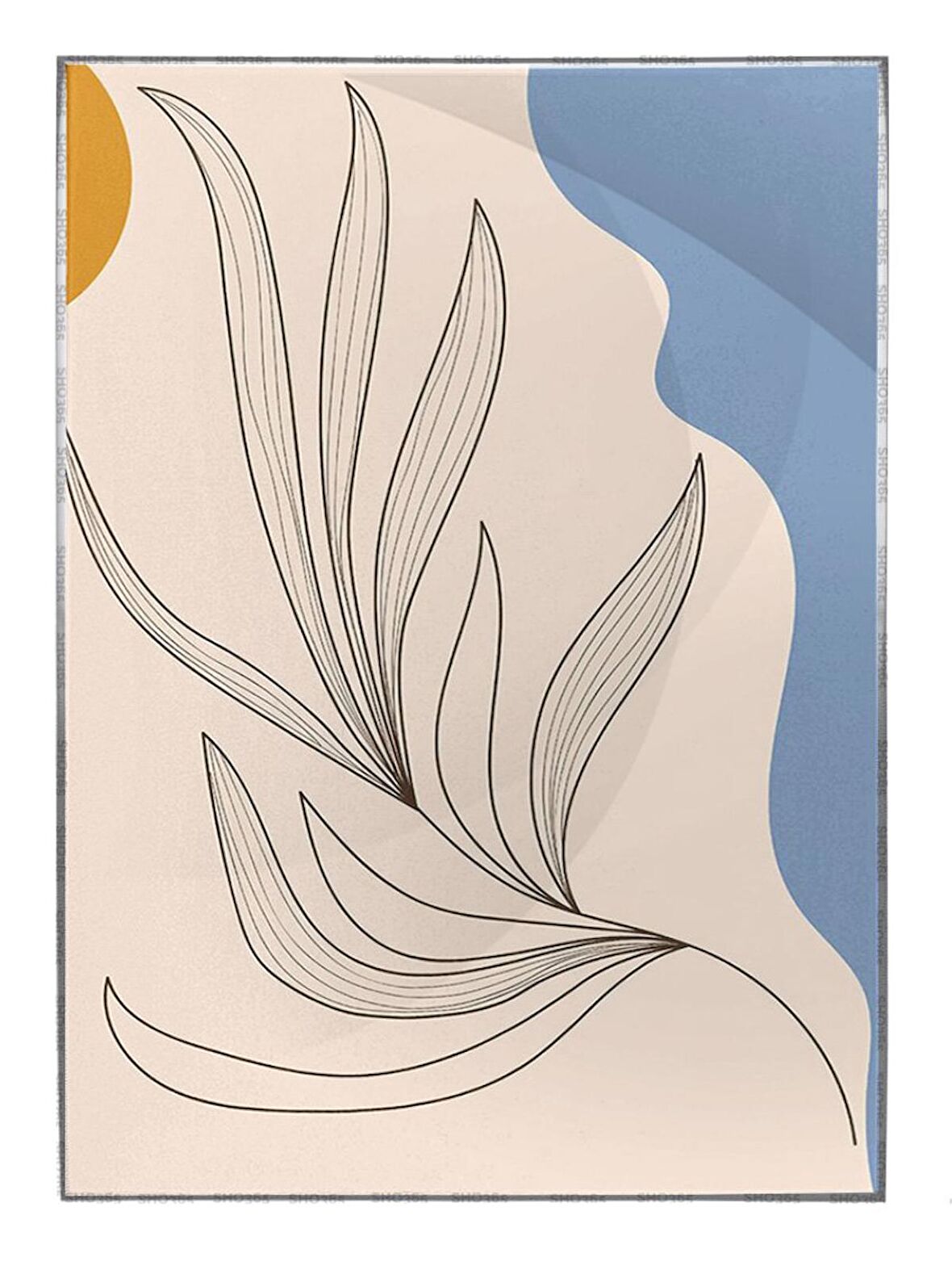 Shop365 Yapraklar Krem Sarı Mavi Renkler Modern Tablo Çerçeveli P-002054