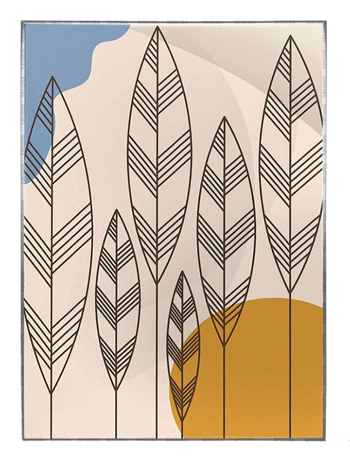 Shop365 Yapraklar Krem Sarı Mavi Renkler Modern Tablo Çerçeveli P-002056