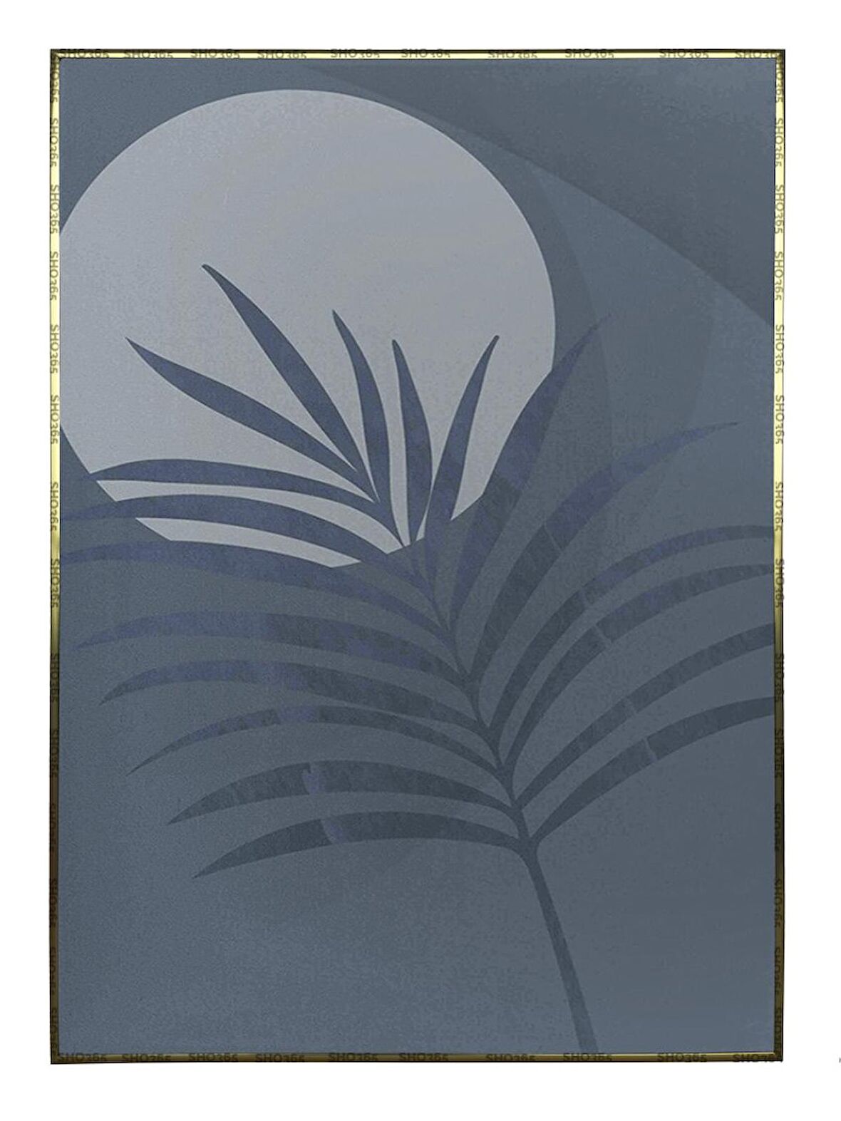 Shop365 Palmiye Yaprakları ve Ay Manzara Mavi Renkler Modern Tablo Çerçeveli P-002258
