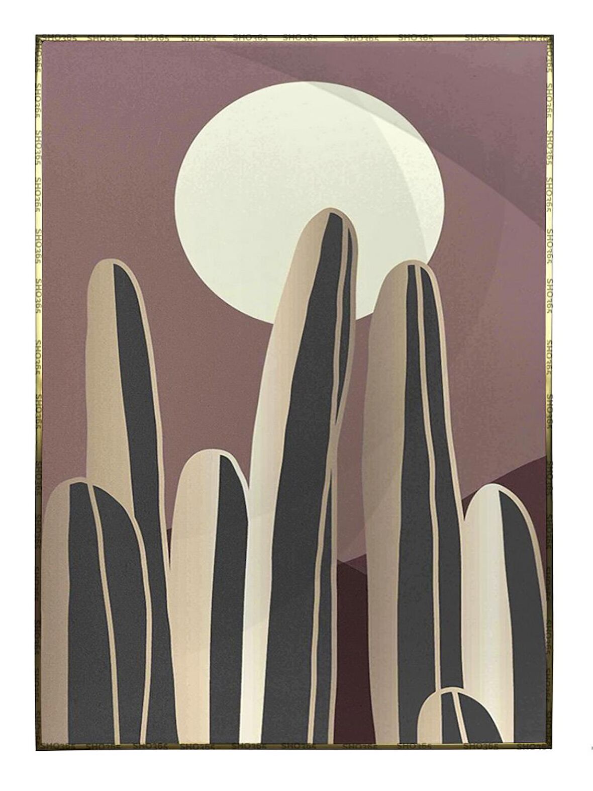 Shop365 Çölde Ay Manzarası Kaktüs İllüstrasyon Kahve Tonlar Modern Tablo Çerçeveli P-002509