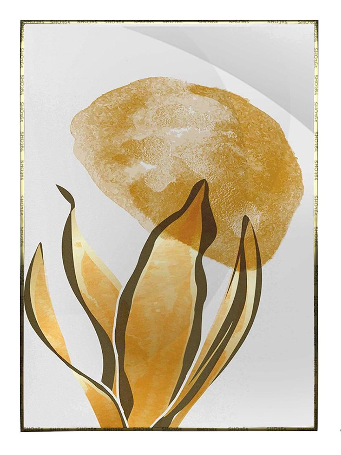 Shop365 Altın Gold Renkli Yapraklar ve Şekiller Modern Tablo Çerçeveli P-002515