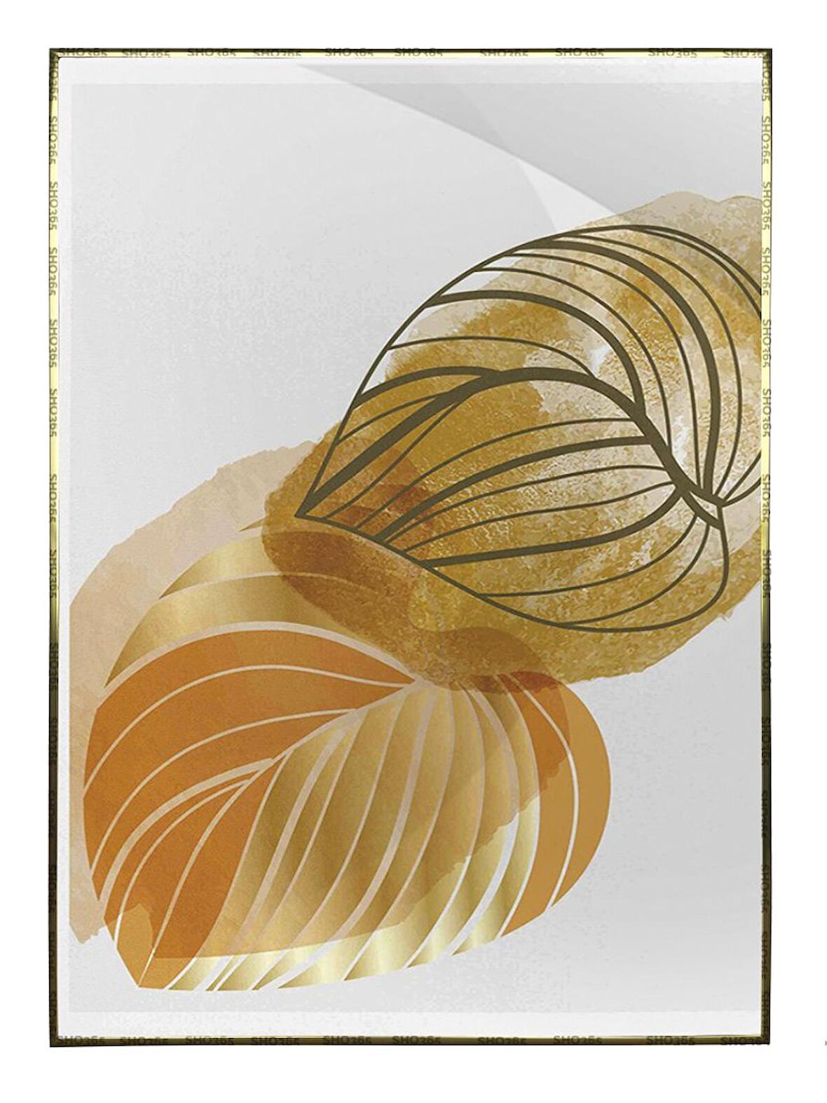 Shop365 Altın Gold Renkli Yapraklar ve Şekiller Modern Tablo Çerçeveli P-002518