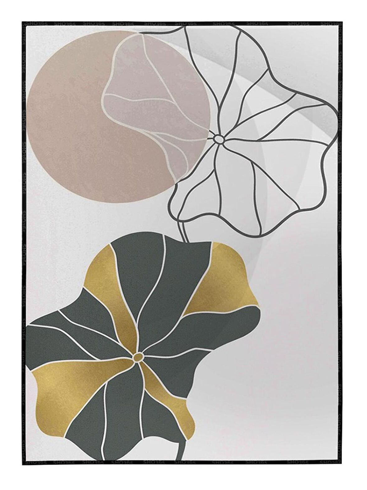 Shop365 Nilüfer Çiçek Gold Altın Pastel Renkler Modern İllüstrasyon Tablo Çerçeveli P-002578