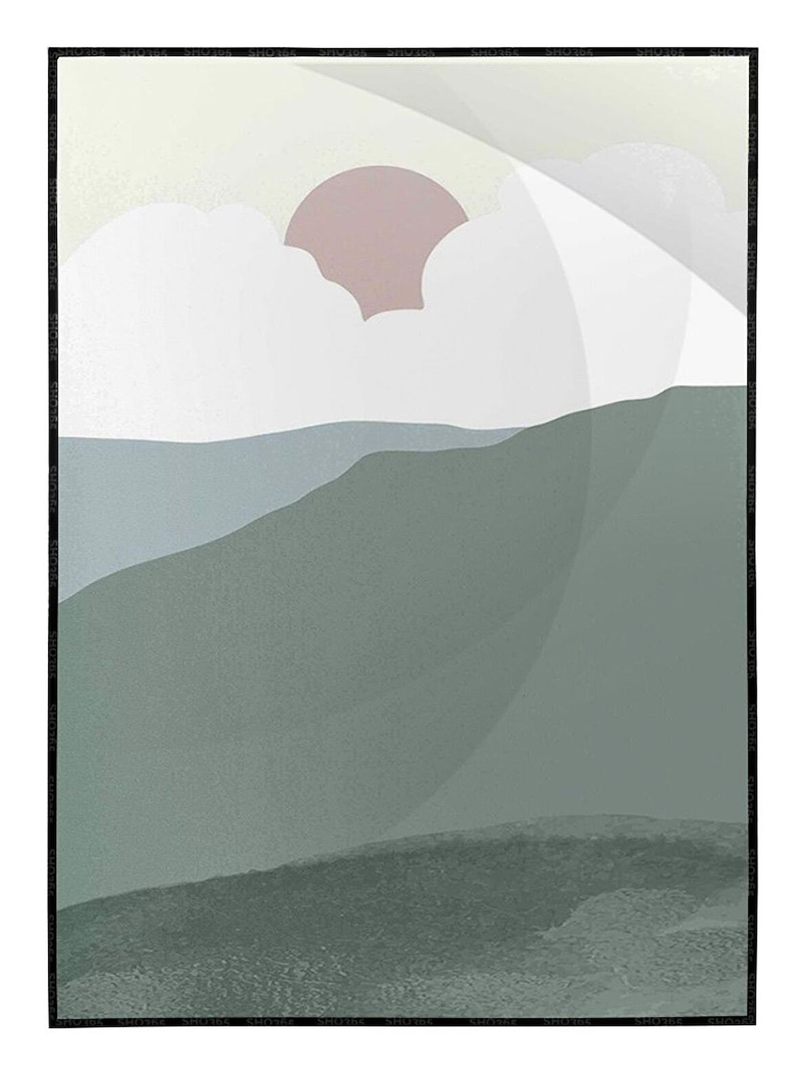 Shop365 Güneş Ay Gökyüzü ve Dağ Manzara Sulu Boya Efektli Tablo Çerçeveli P-003007