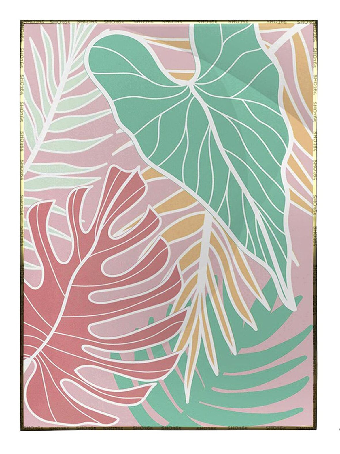 Shop365 Palmiye Yaprakları Pembe Mavi Yeşil Modern Tablo Çerçeveli P-003860