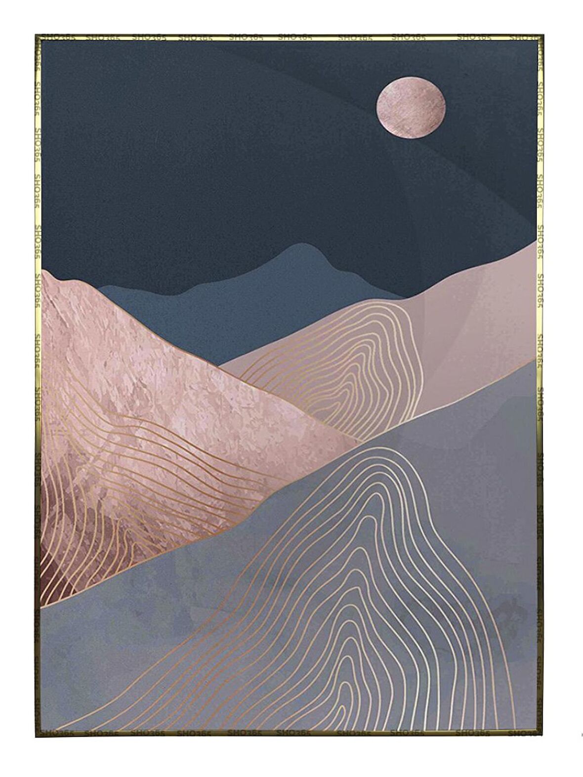 Shop365 Güneş Ay ve Dağlar Manzara Modern İllüstrasyon Tablo Çerçeveli P-003886