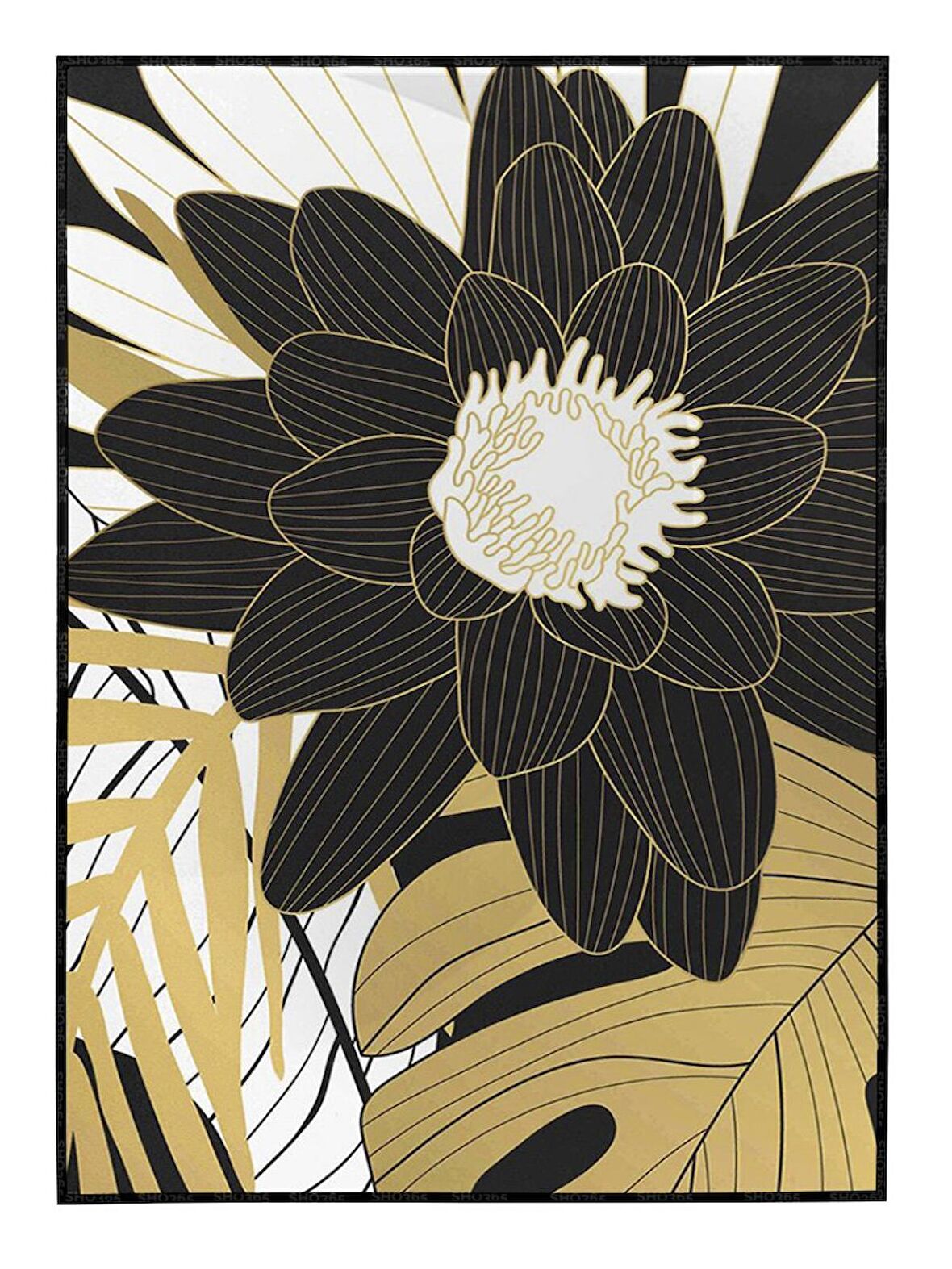 Shop365 Çiçekler Siyah Gold Altın Beyaz Renkler Modern Tablo Çerçeveli P-003892