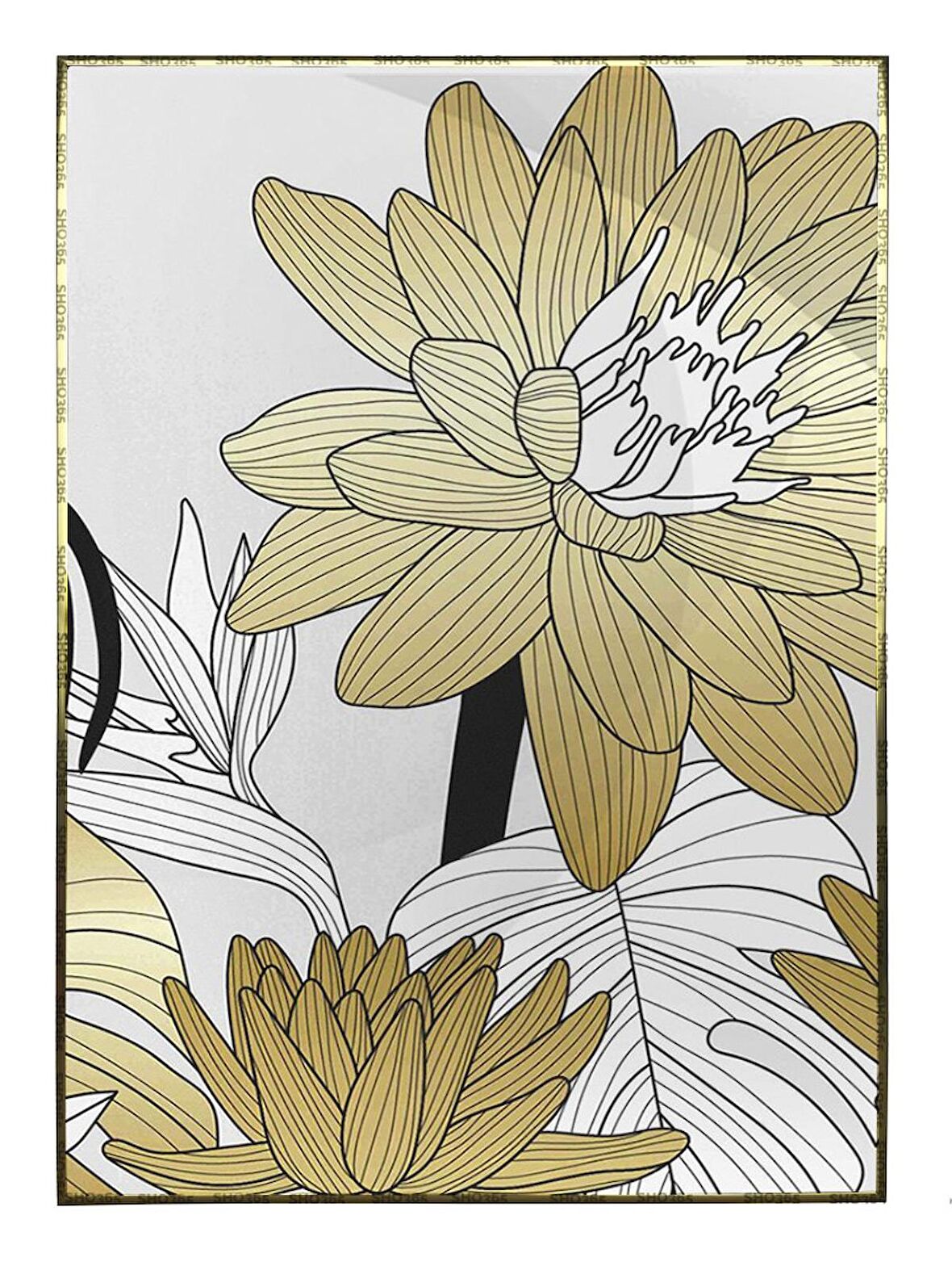 Shop365 Çiçekler Yapraklar Siyah Gold Altın Beyaz Renkler Modern Tablo Çerçeveli P-003901