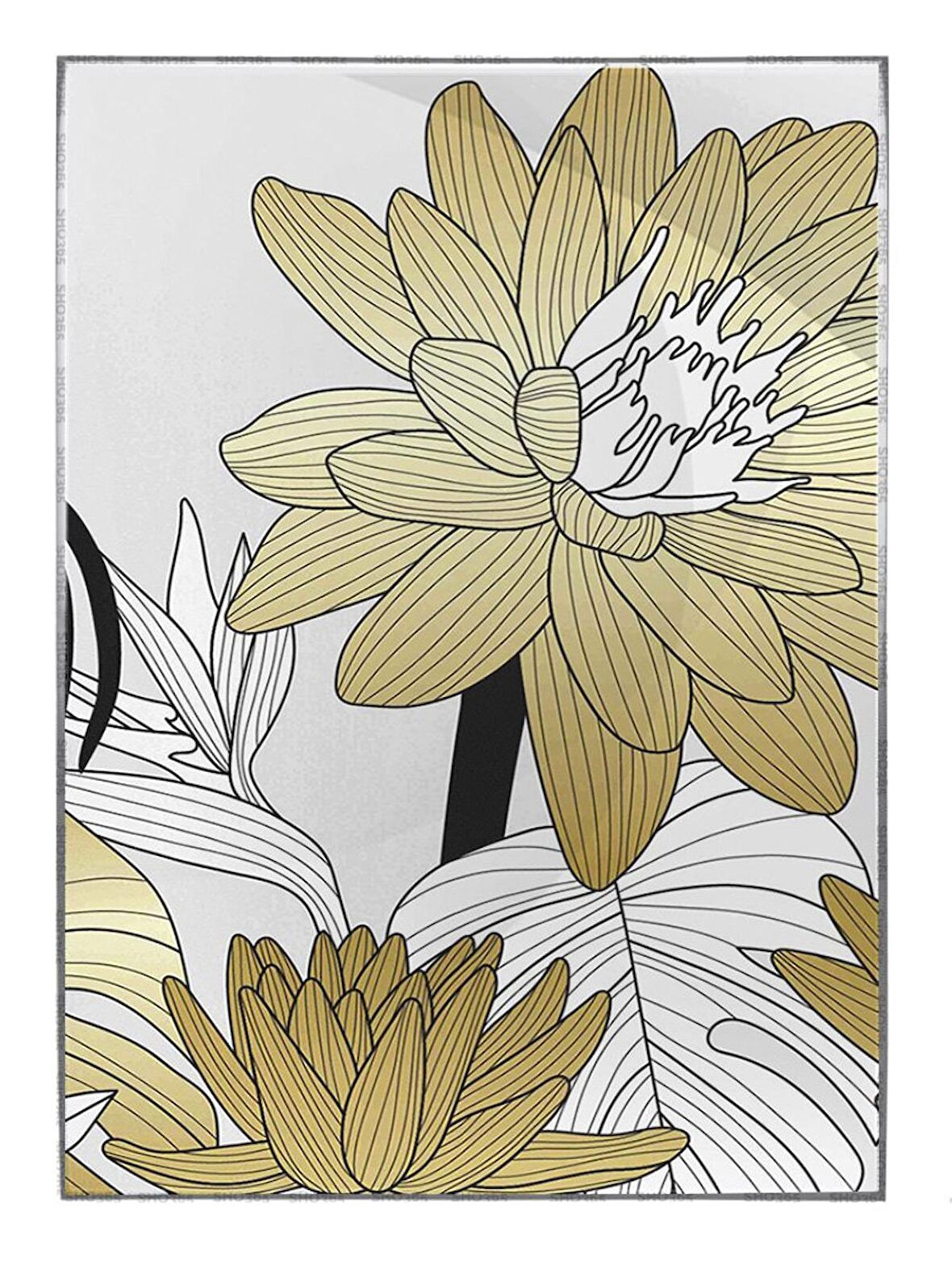 Shop365 Çiçekler Yapraklar Siyah Gold Altın Beyaz Renkler Modern Tablo Çerçeveli P-003901