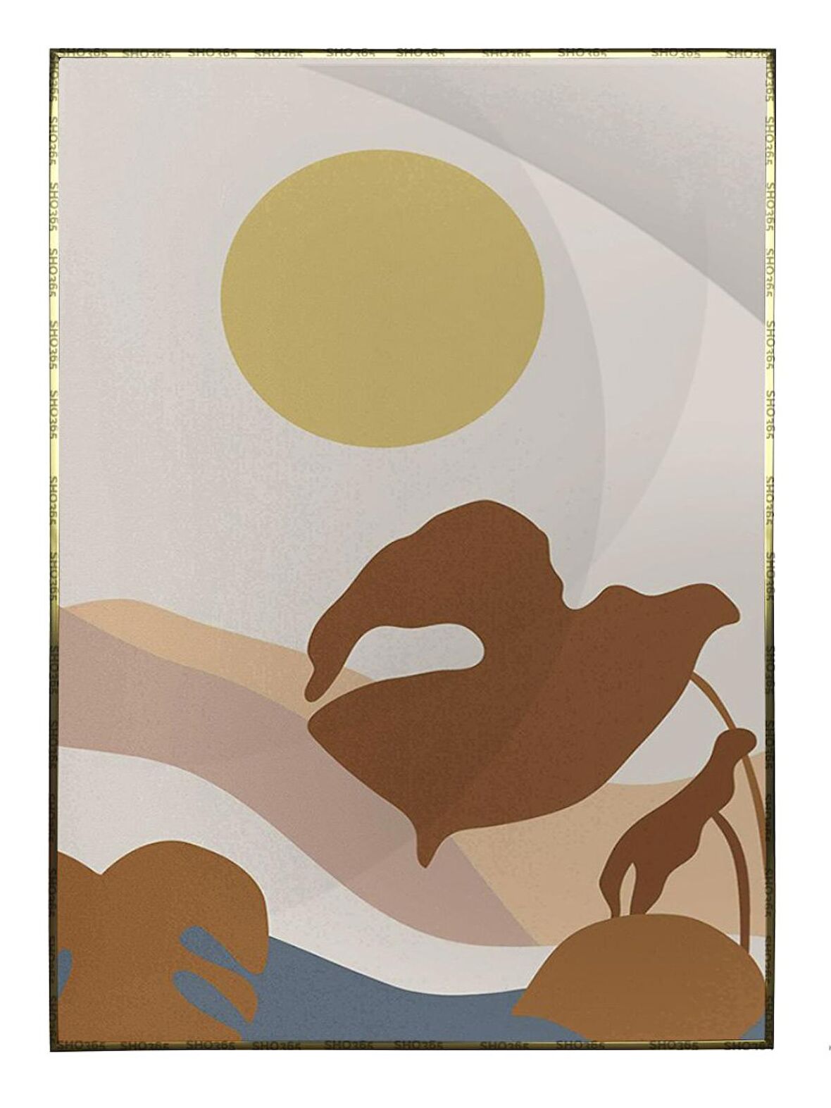 Shop365 Doğa Ay ve Güneş Palmiye Dağ Kum İllüstrasyon Tablo Çerçeveli P-003910