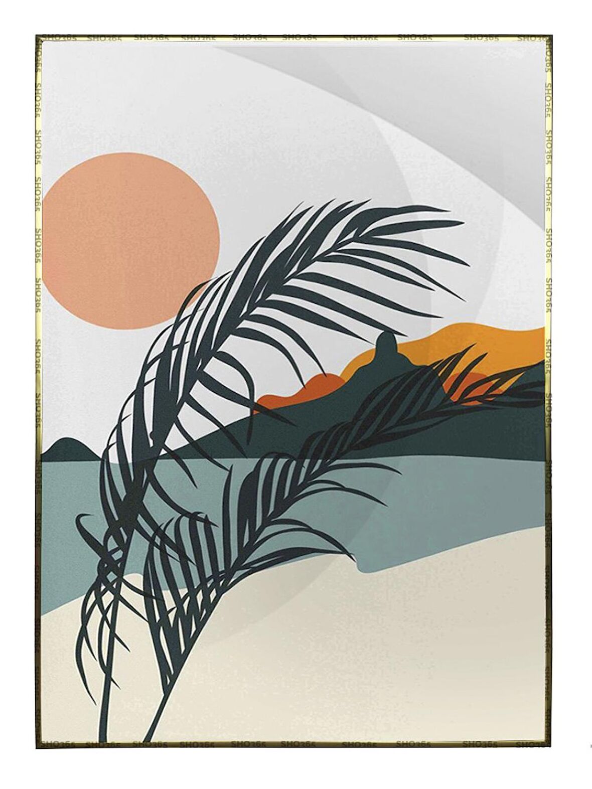 Shop365 Doğa Ay ve Güneş Palmiye Dağ Kum İllüstrasyon Tablo Çerçeveli P-003912