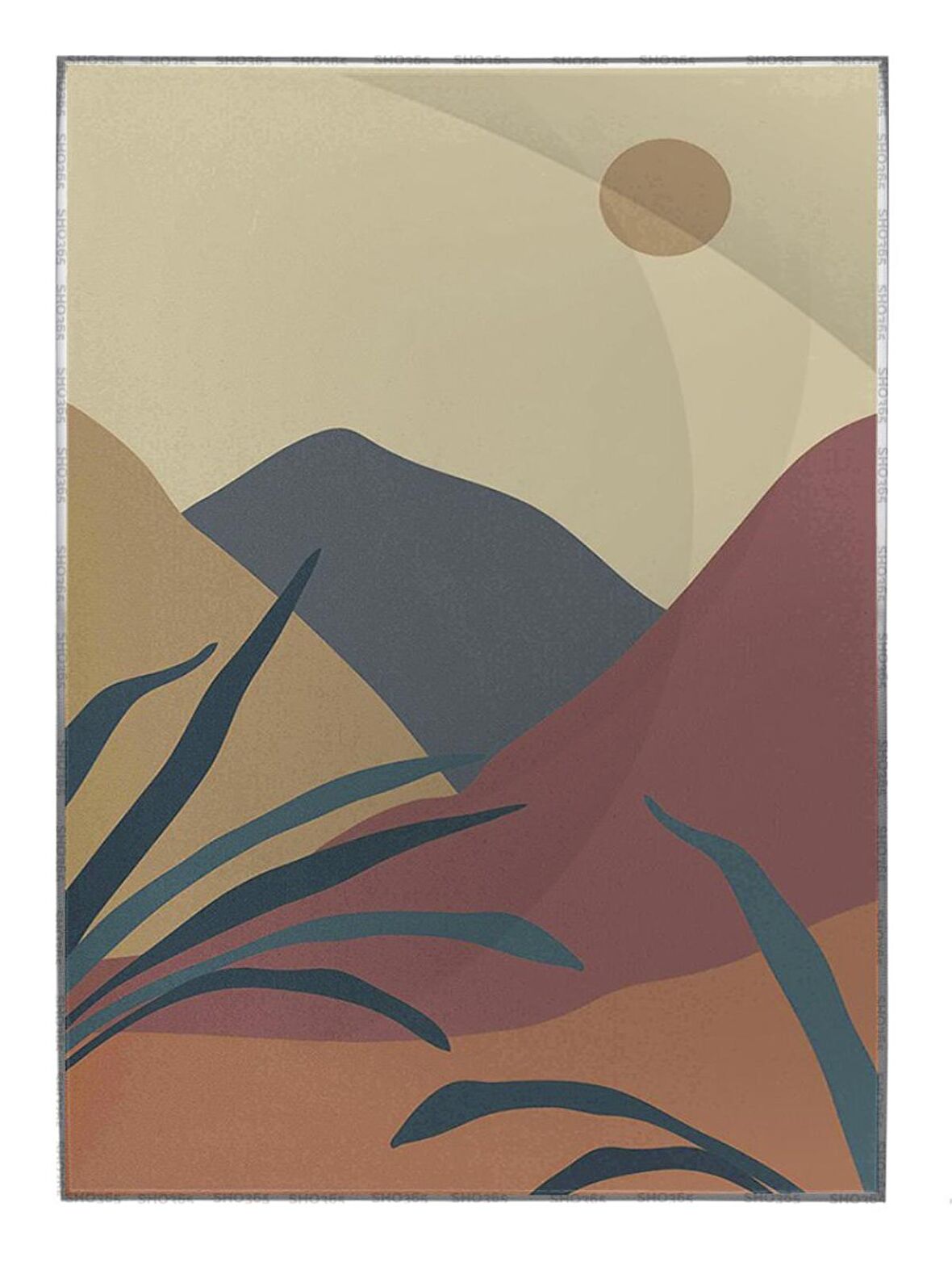 Shop365 Doğa Ay ve Güneş Palmiye Dağ Kum İllüstrasyon Tablo Çerçeveli P-003915