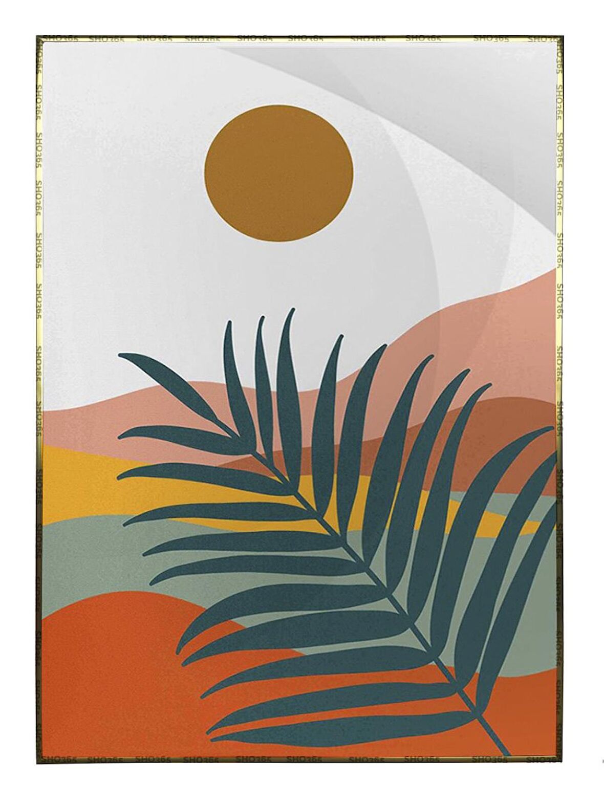 Shop365 Doğa Ay ve Güneş Palmiye Dağ Kum İllüstrasyon Tablo Çerçeveli P-003920