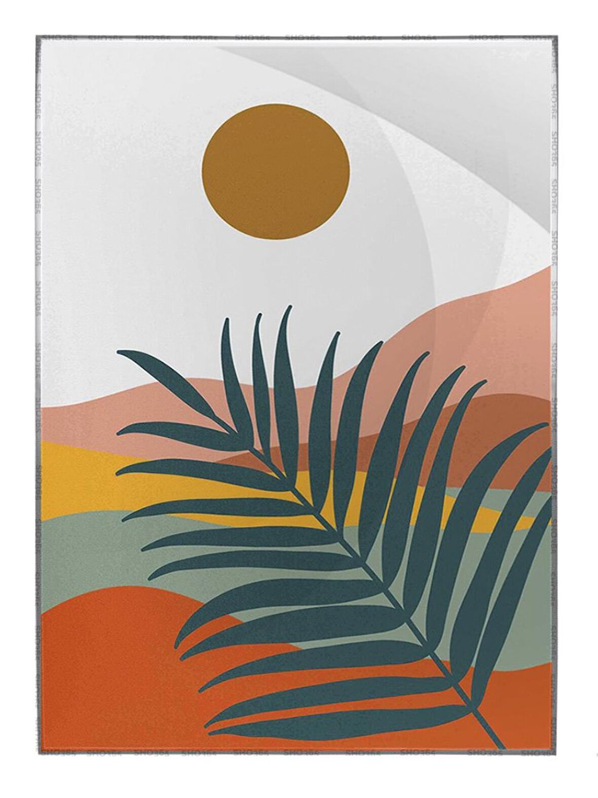 Shop365 Doğa Ay ve Güneş Palmiye Dağ Kum İllüstrasyon Tablo Çerçeveli P-003920