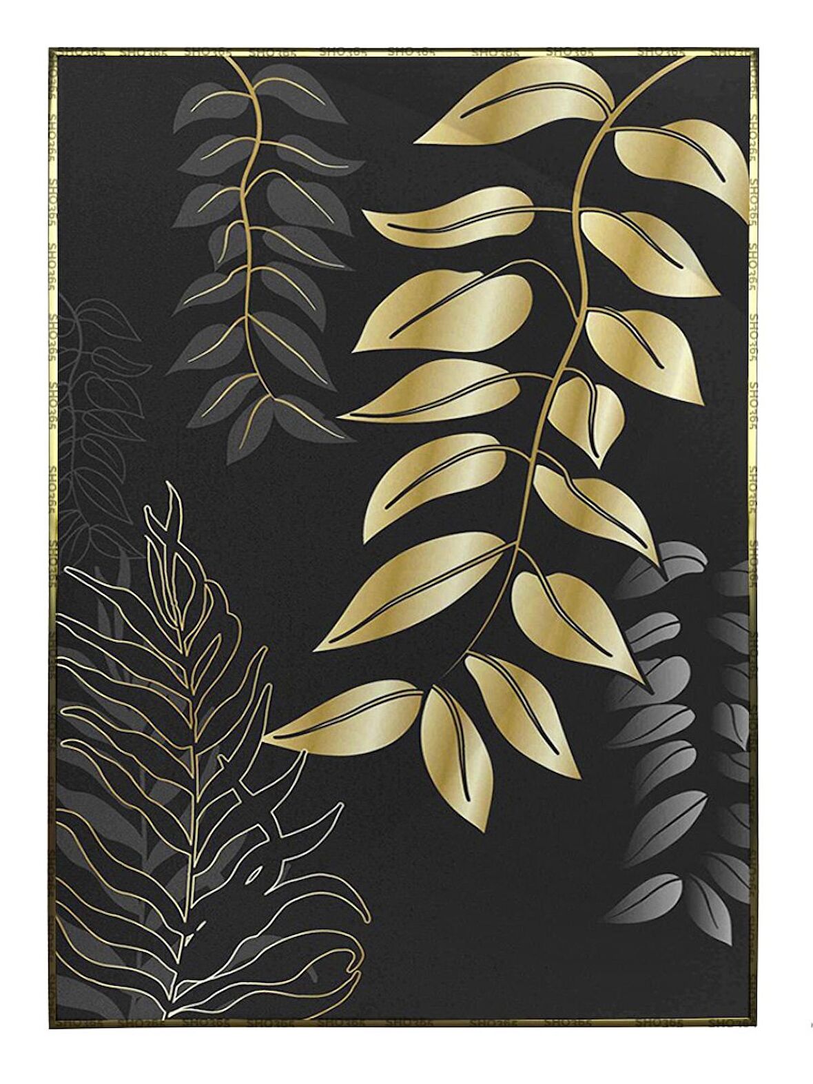 Shop365 Yapraklar Siyah Gold Altın Renkler Modern Tablo Çerçeveli P-004069