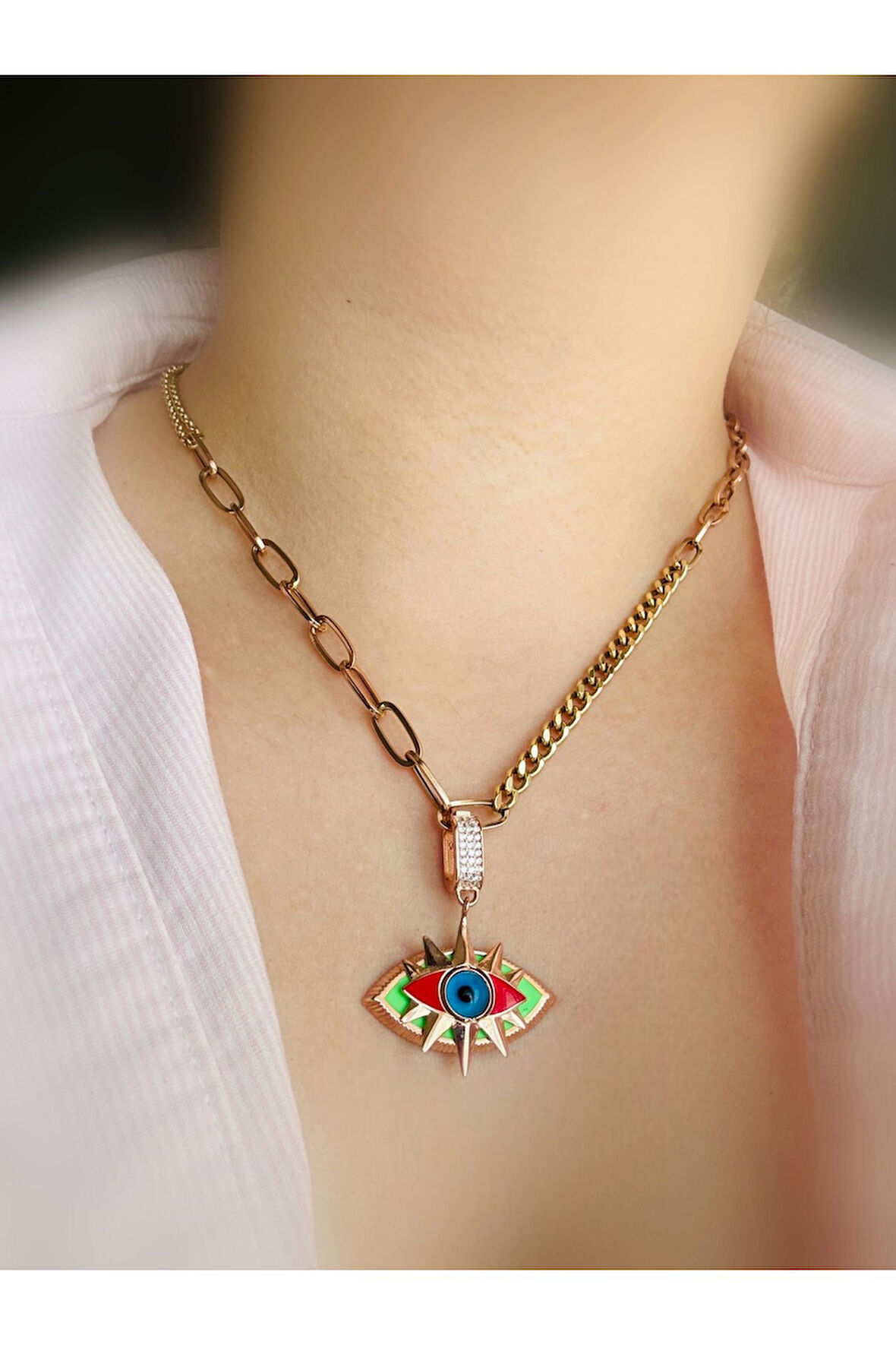 Kırmızı ve Yeşil Göz Rose Klipsli Kolye Ucu & Ajda Bilezik Charm | 925 Ayar Gümüş