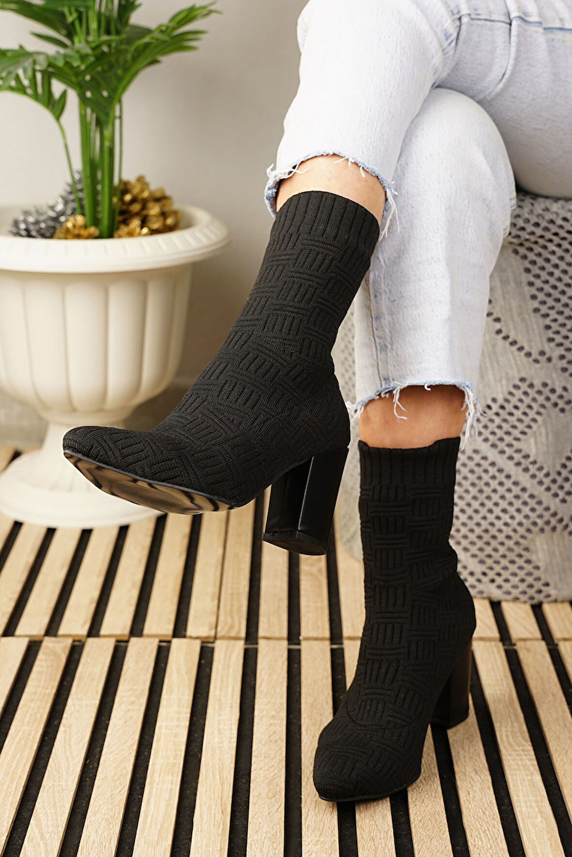 Günlük Kadın Bot Yüksek Kalın Topuklu Triko Esnek Sivri Burunlu Tırtıklı Taban Rahat Bootie 168