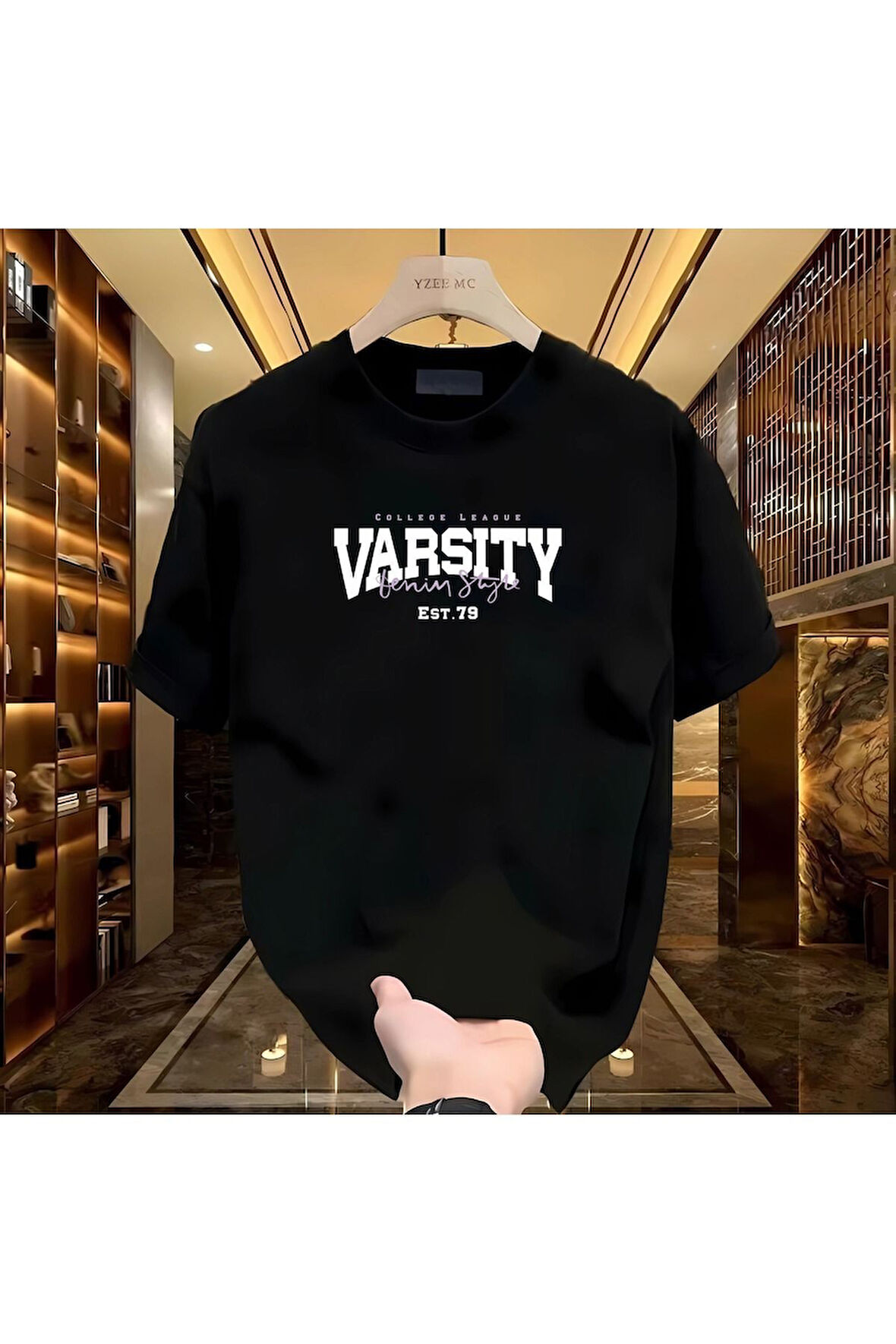 Varsity Baskılı Siyah Erkek Tshirt
