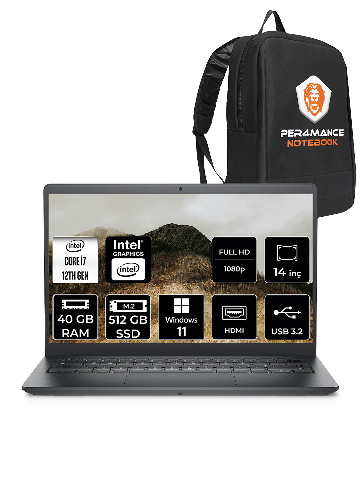 Dell Vostro 3420 Intel Core i7 1255U 40GB 512GB SSD 14" FHD W11P Taşınabilir Bilgisayar & PER4 Çanta