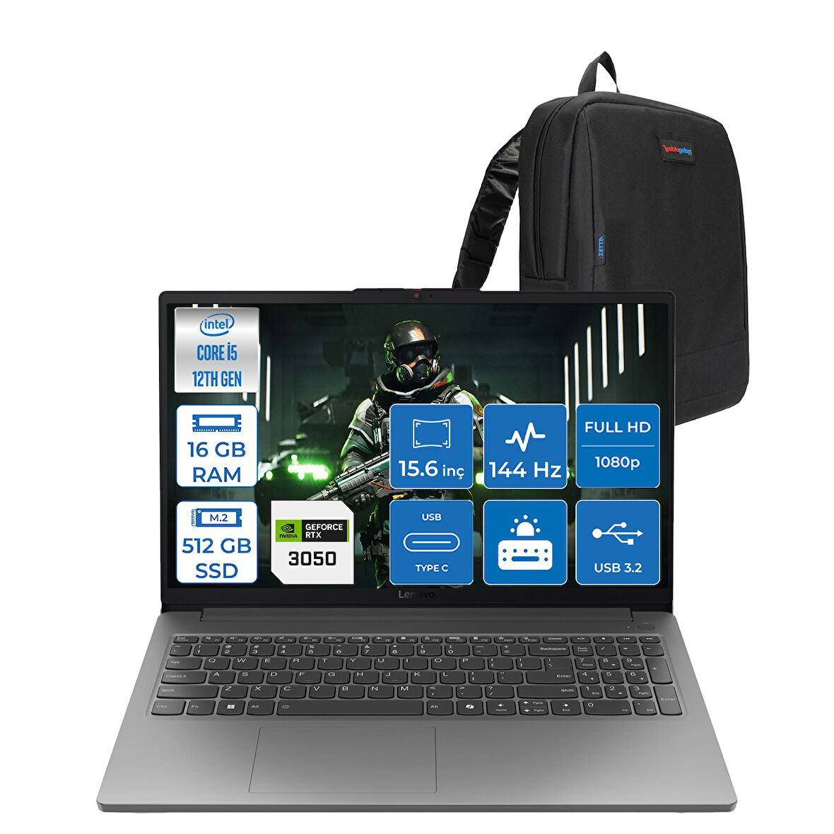 Lenovo Loq 15IAX9E Intel Core I5 12450HX 16GB Ddr5 512GB SSD RTX3050 6gb Freedos 15.6" Fhd (1920X1080) IPS 144Hz 300NITS Anti-Glare 100% Srgb Taşınabilir Bilgisayar 83LK008KTRF06 + Zetta Çanta