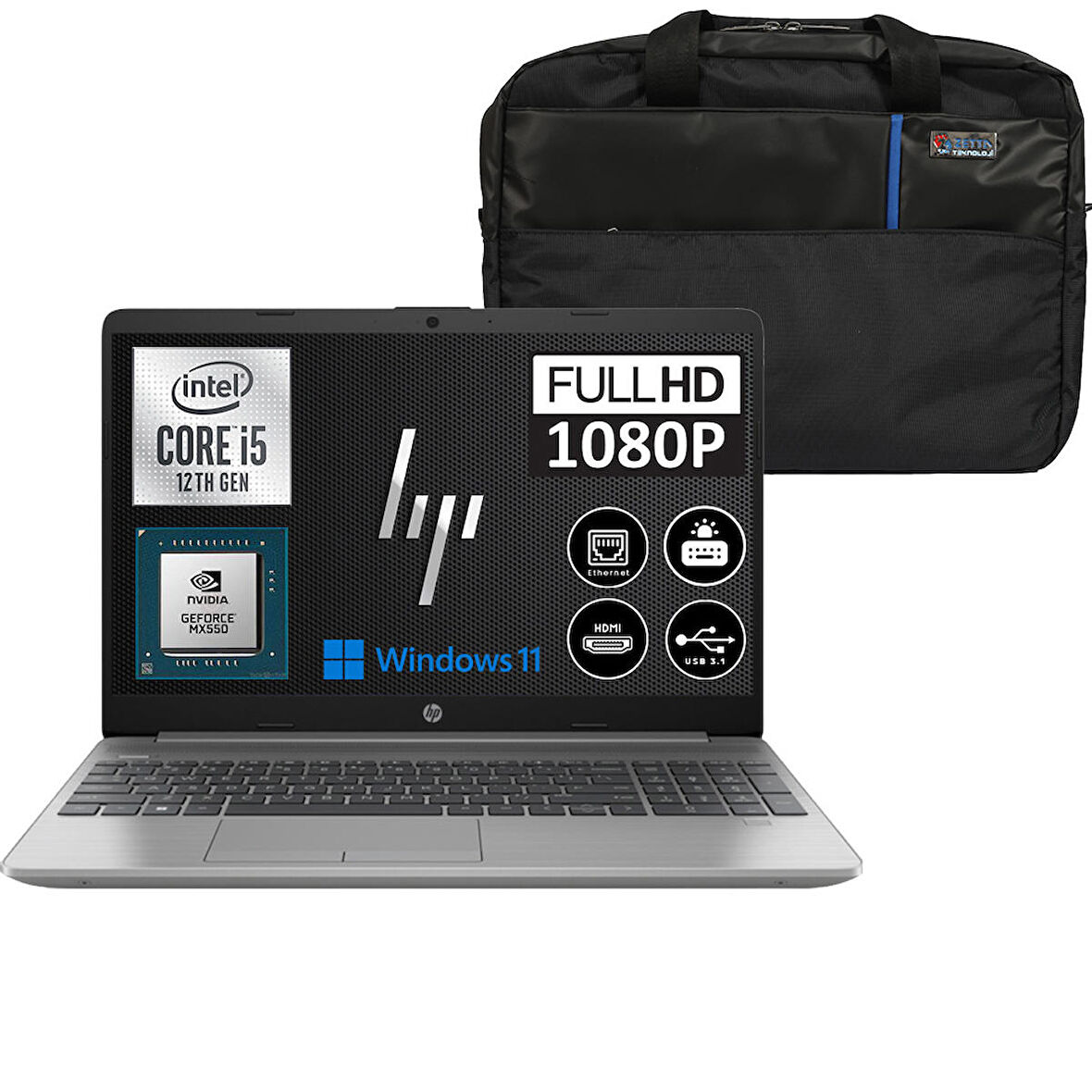Hp 250 G9 Intel Core I5 1235U 32GB 256GB SSD 15,6" Fhd Windows 11 Home MX550 2GB Taşınabilir Bilgisayar 6Q8M7ES25 + Çanta
