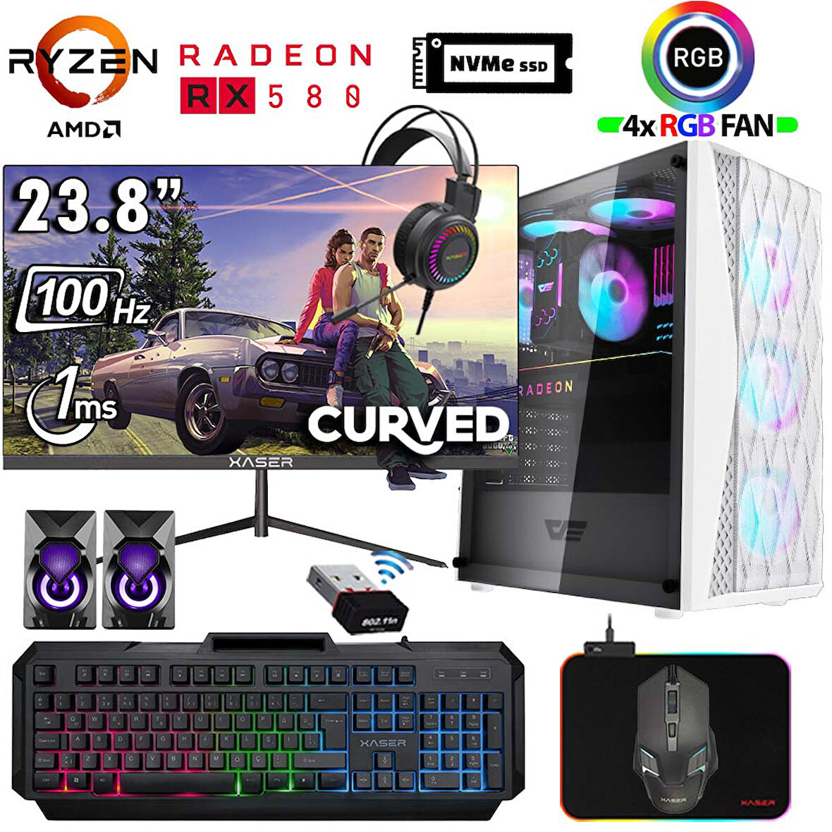 Xaser Xsr1195 Ryzen 5 5500 32GB Ram 1TB M.2 NVMe SSD 8GB RX580 23.8" 100Hz Curved Masaüstü Oyuncu Bilgisayarı