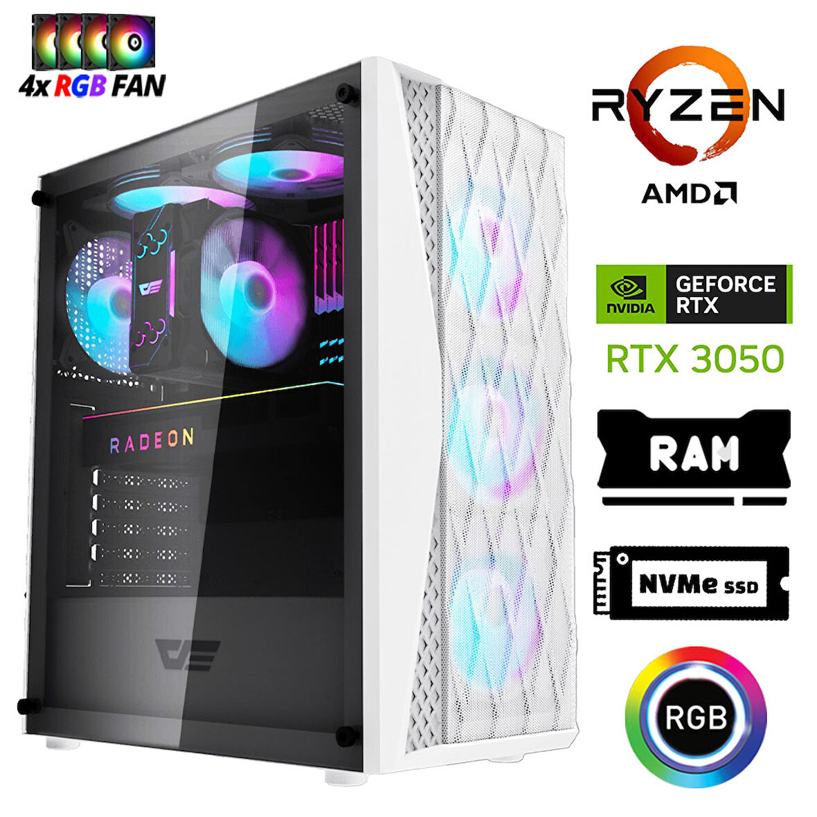 Xaser Xsr1196 Ryzen 5 5500 16GB Ram 512GB M.2 NVMe SSD 6GB RTX3050 Masaüstü Oyuncu Bilgisayarı