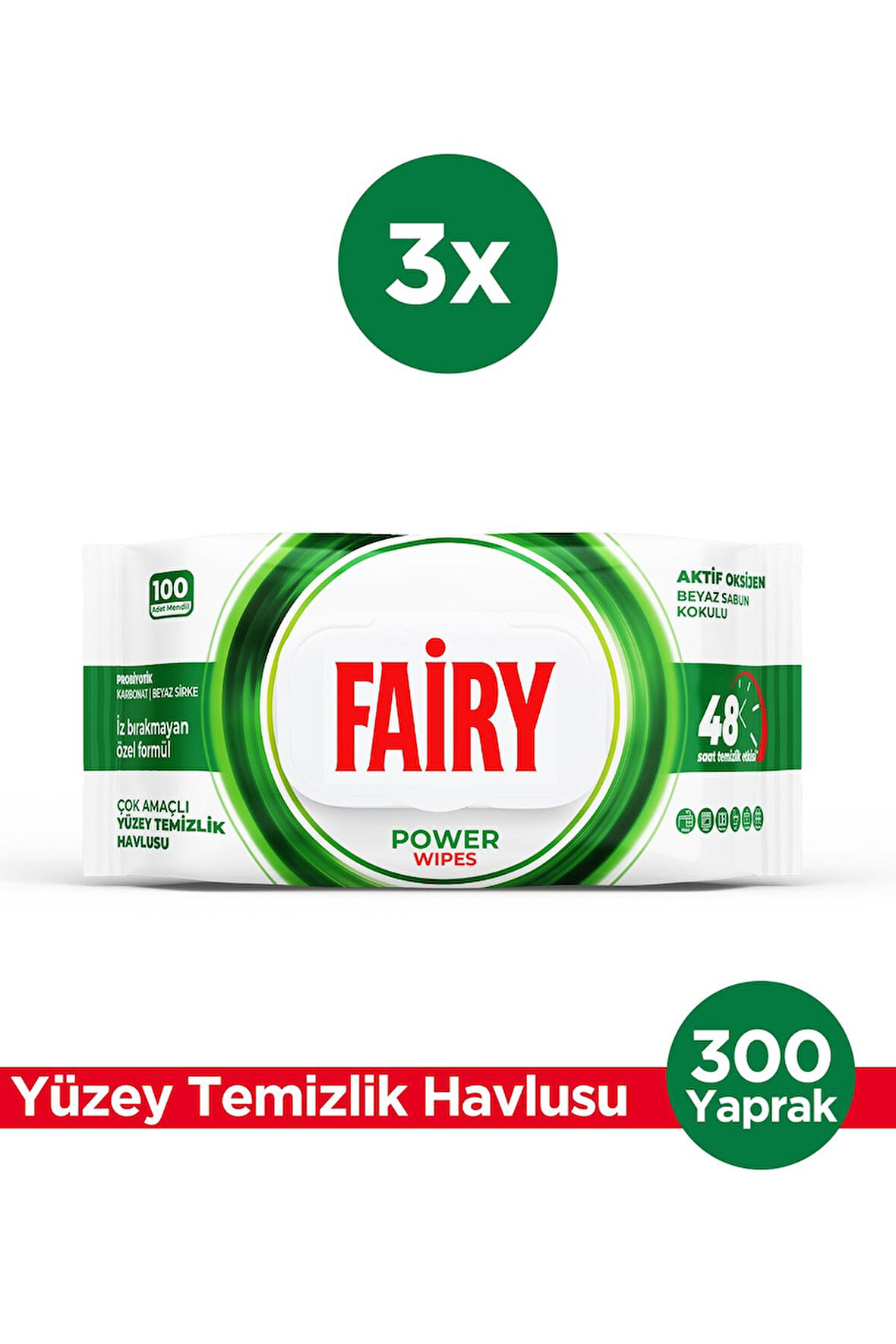 Fairy Power Wipes Yüzey Temizleme Mendili 100 Yaprak 3 Adet | Beyaz Sabun | Beyaz Sirke & Karbonat